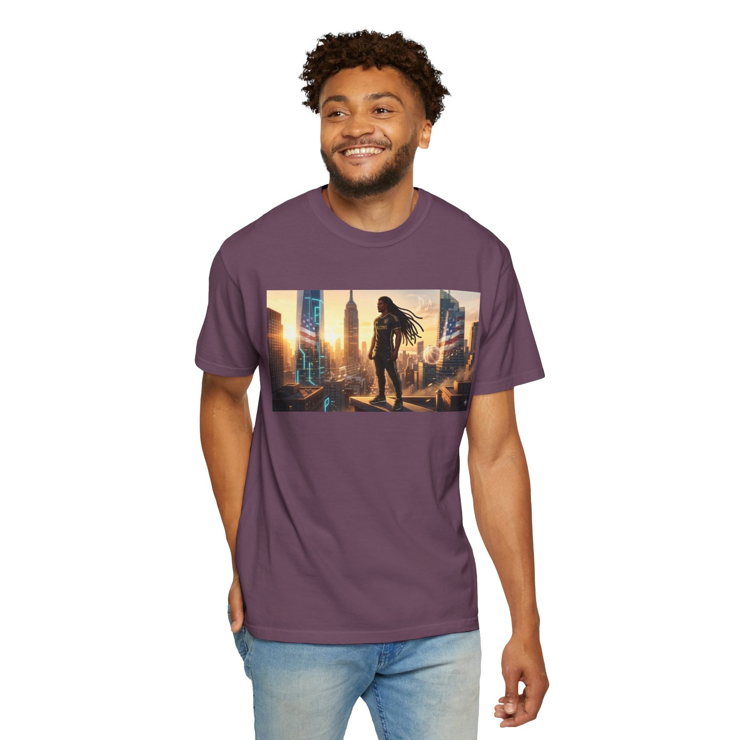 Cyberpunk Cityscape T-Shirt — Silhouette Hero at Sunset