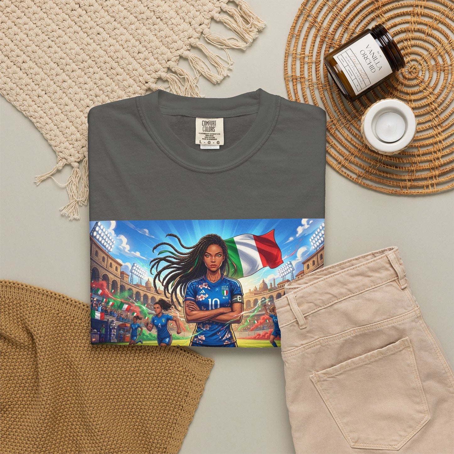 Italian Soccer Fan T‑Shirt – Inspirational Female Player with Italy Flag Stadium Print