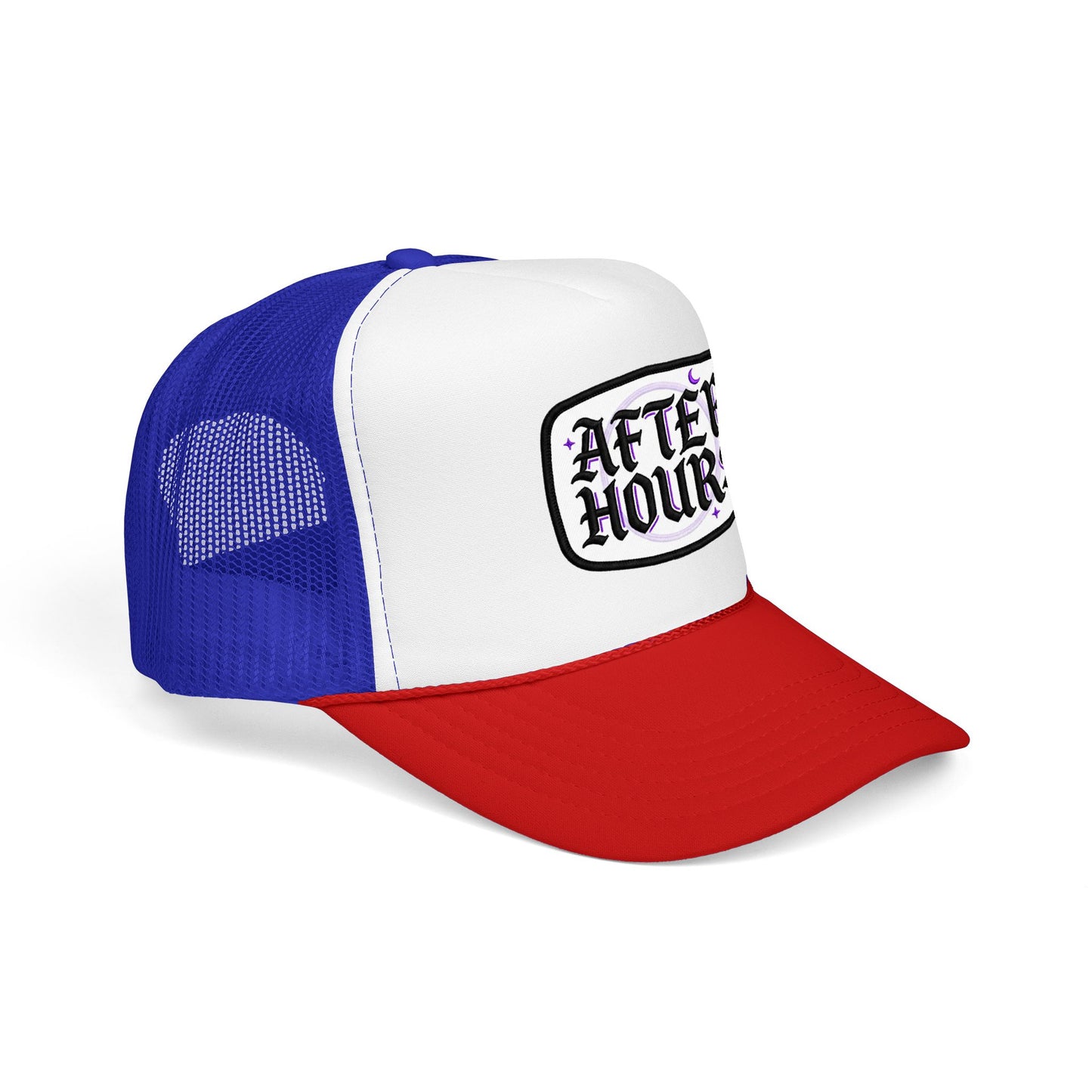After Hours Foam Trucker Hat – Retro Gothic Embroidered Patch Cap