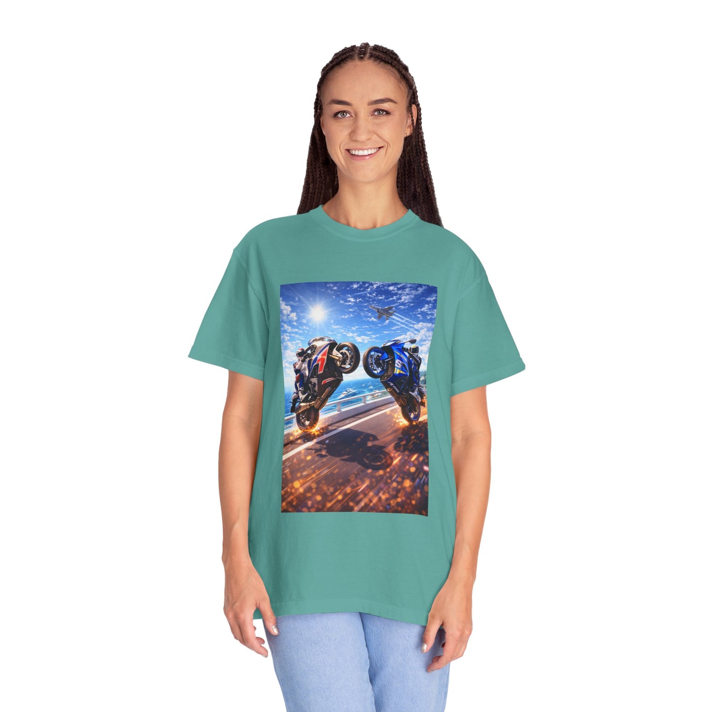 Stunt Riders Motorcycle T-Shirt — Two Bike Wheelie Racing Graphic Tee