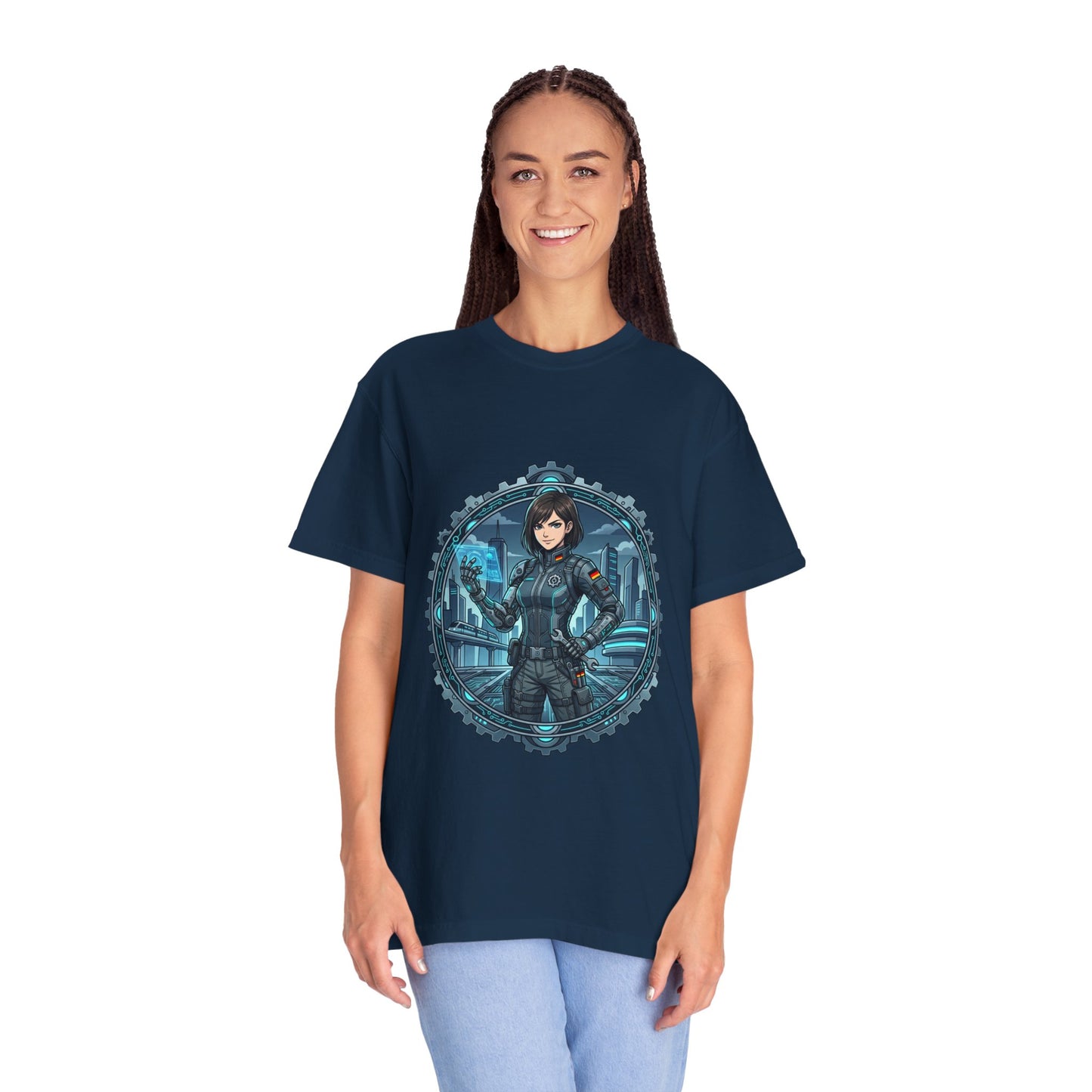 Cyber Ninja Graphic T-Shirt — Futuristic Female Warrior Illustration