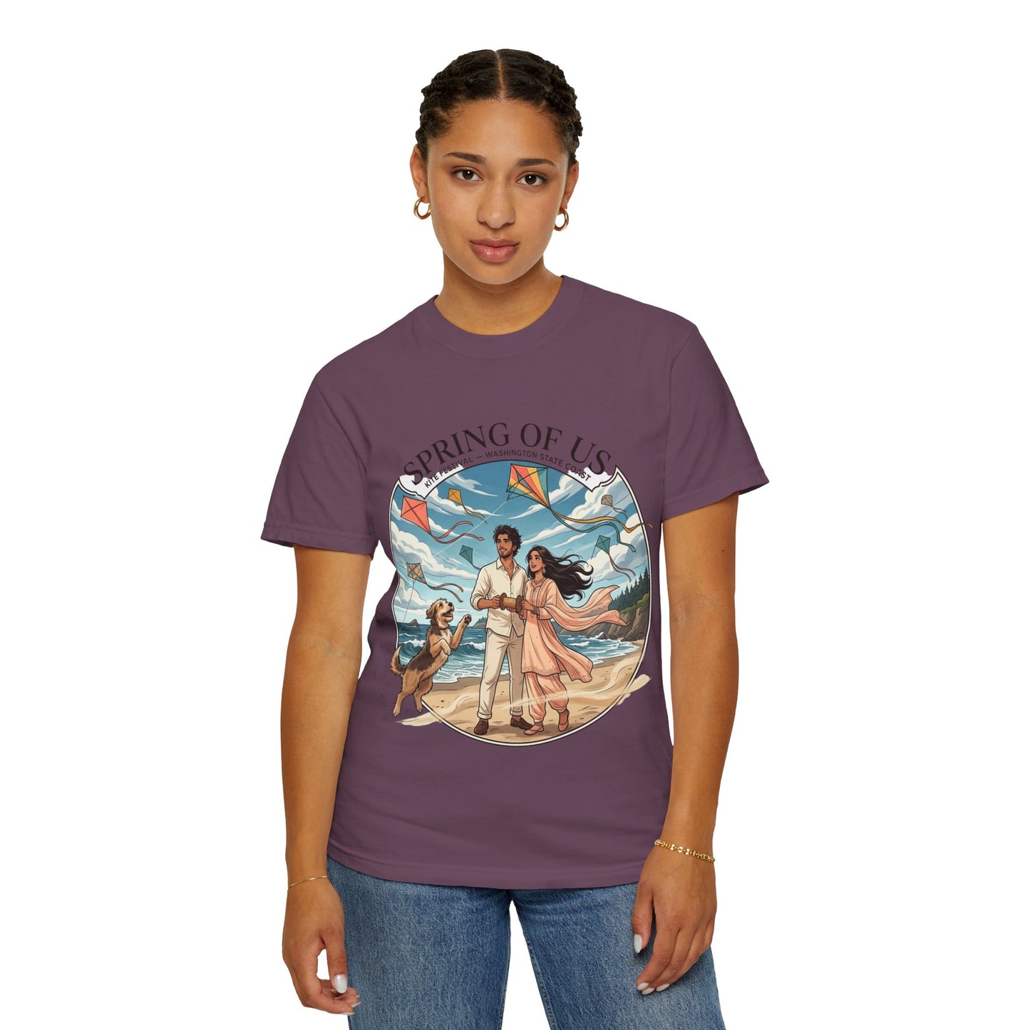 Spring of Us T-Shirt — Romantic Beach Couple Illustration with Dog