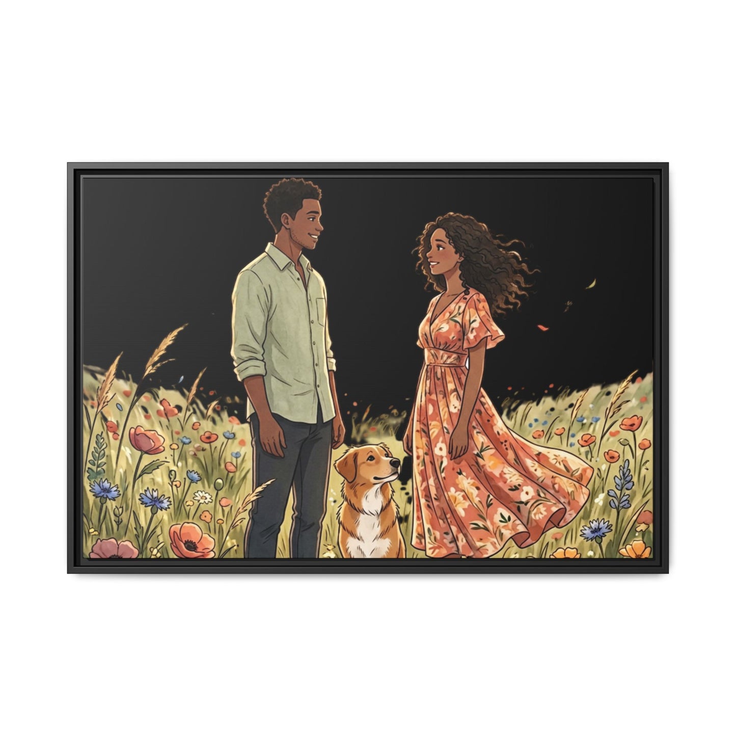 Framed Matte Canvas Print — Romantic Couple in Wildflower Field (Multi‑Color)