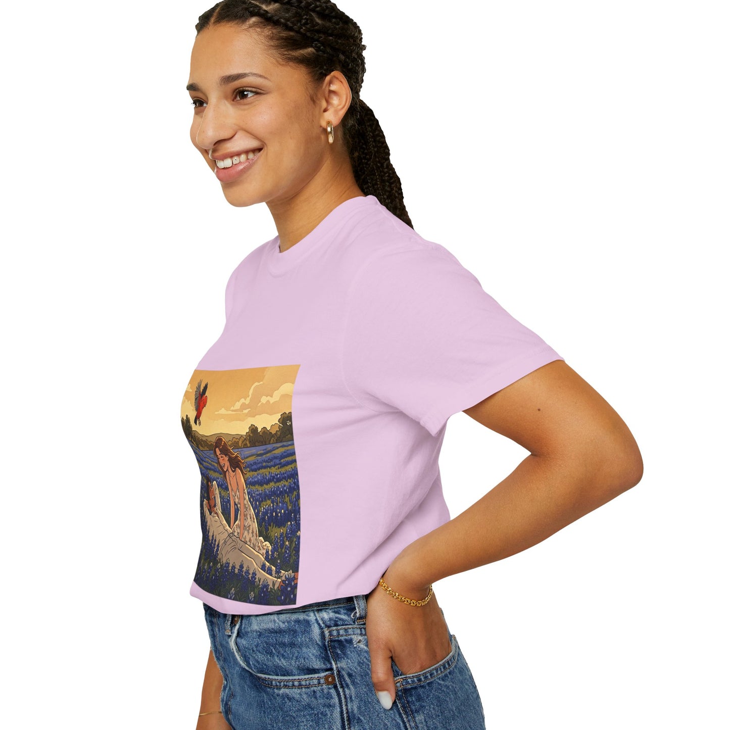 Romantic Bluebonnet Field T-Shirt — Couple in Wildflower Meadow Art Tee