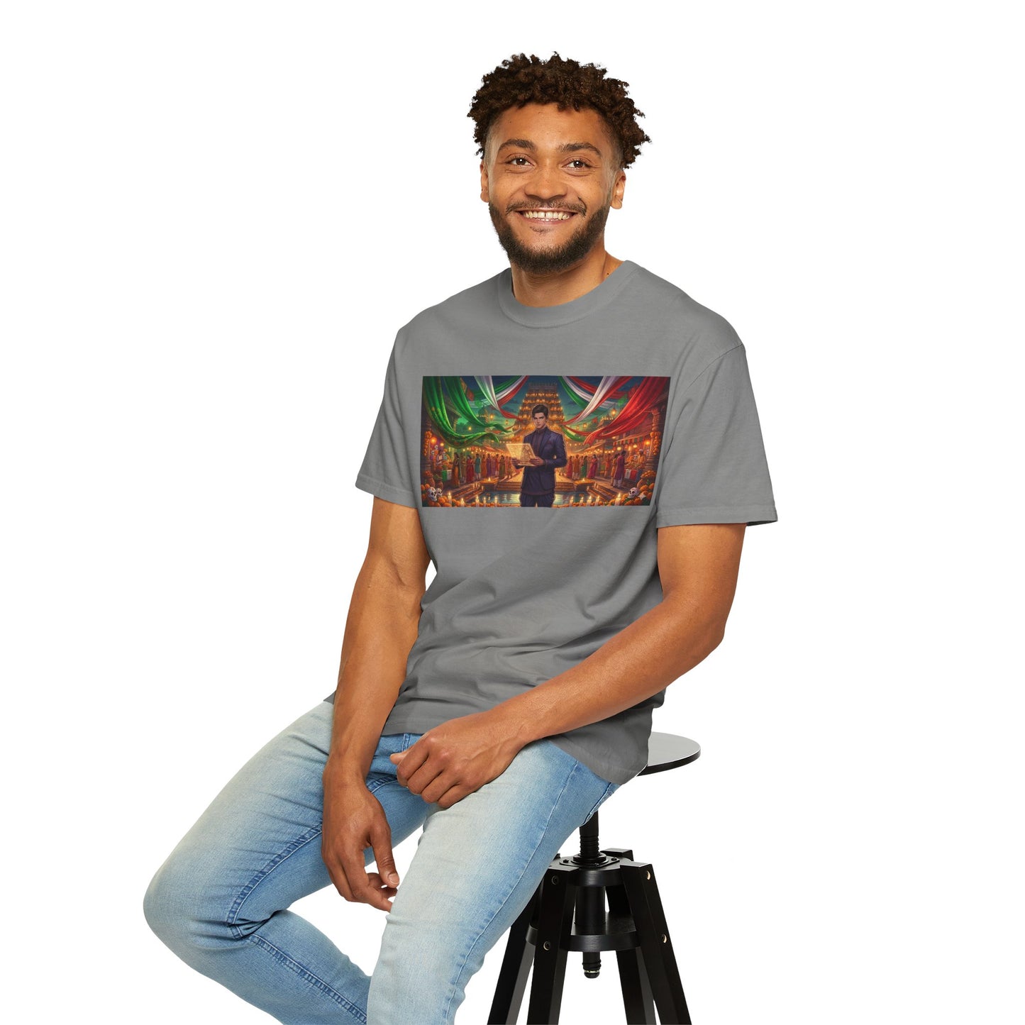 T-Shirt — Dragon Temple Night Scene Graphic Tee (Monk with Dragons)
