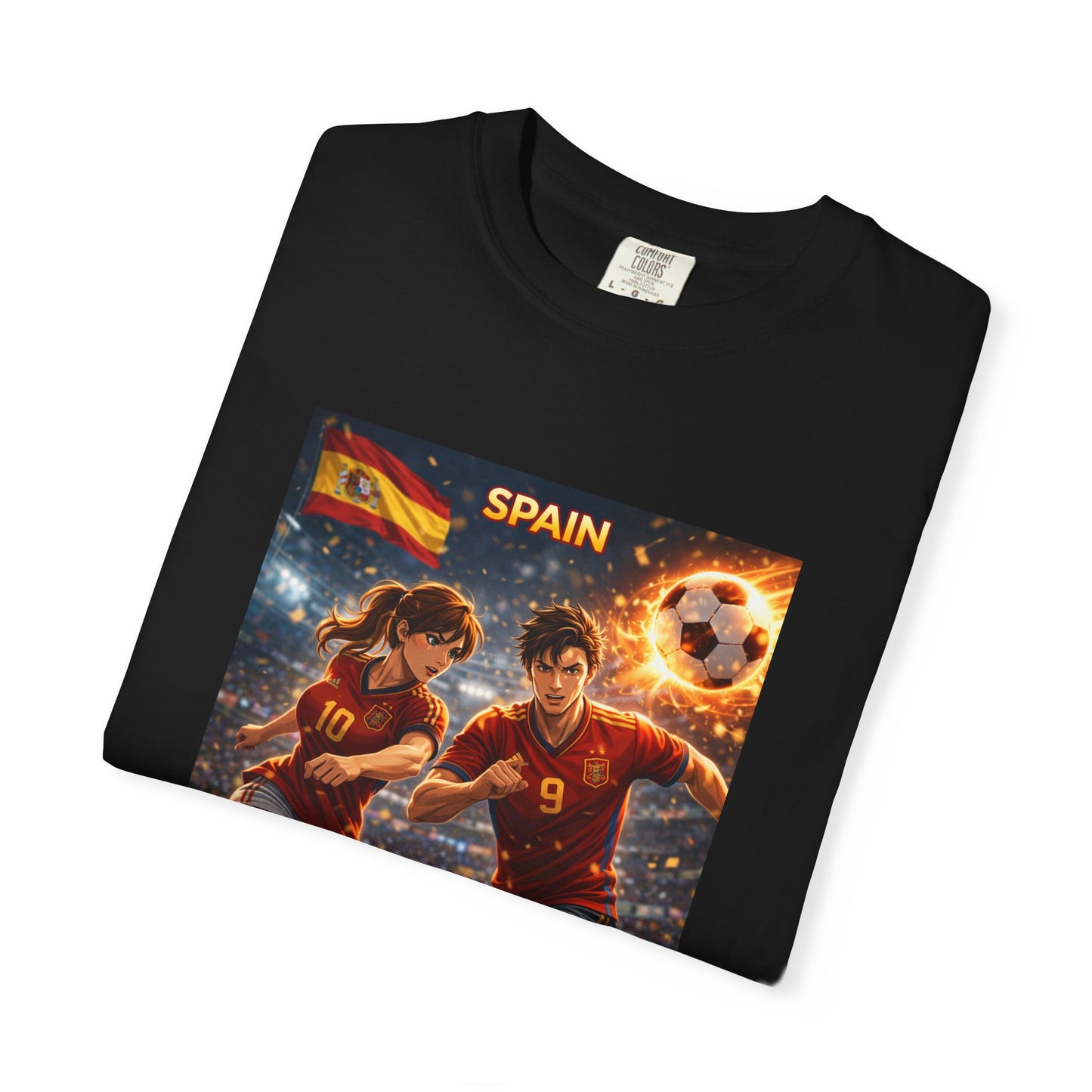 Spain Soccer Graphic T-Shirt — Retro Match Scene with Flag