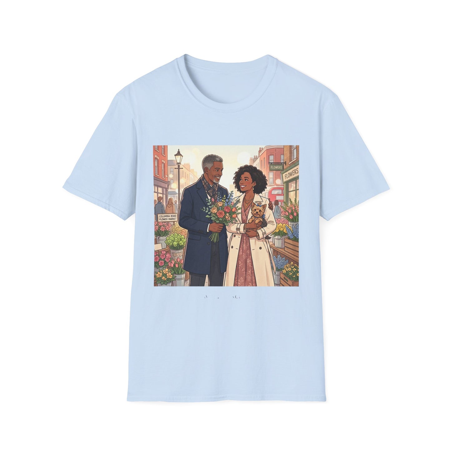 Romantic City Stroll T-Shirt — Couple Bouquet Illustration