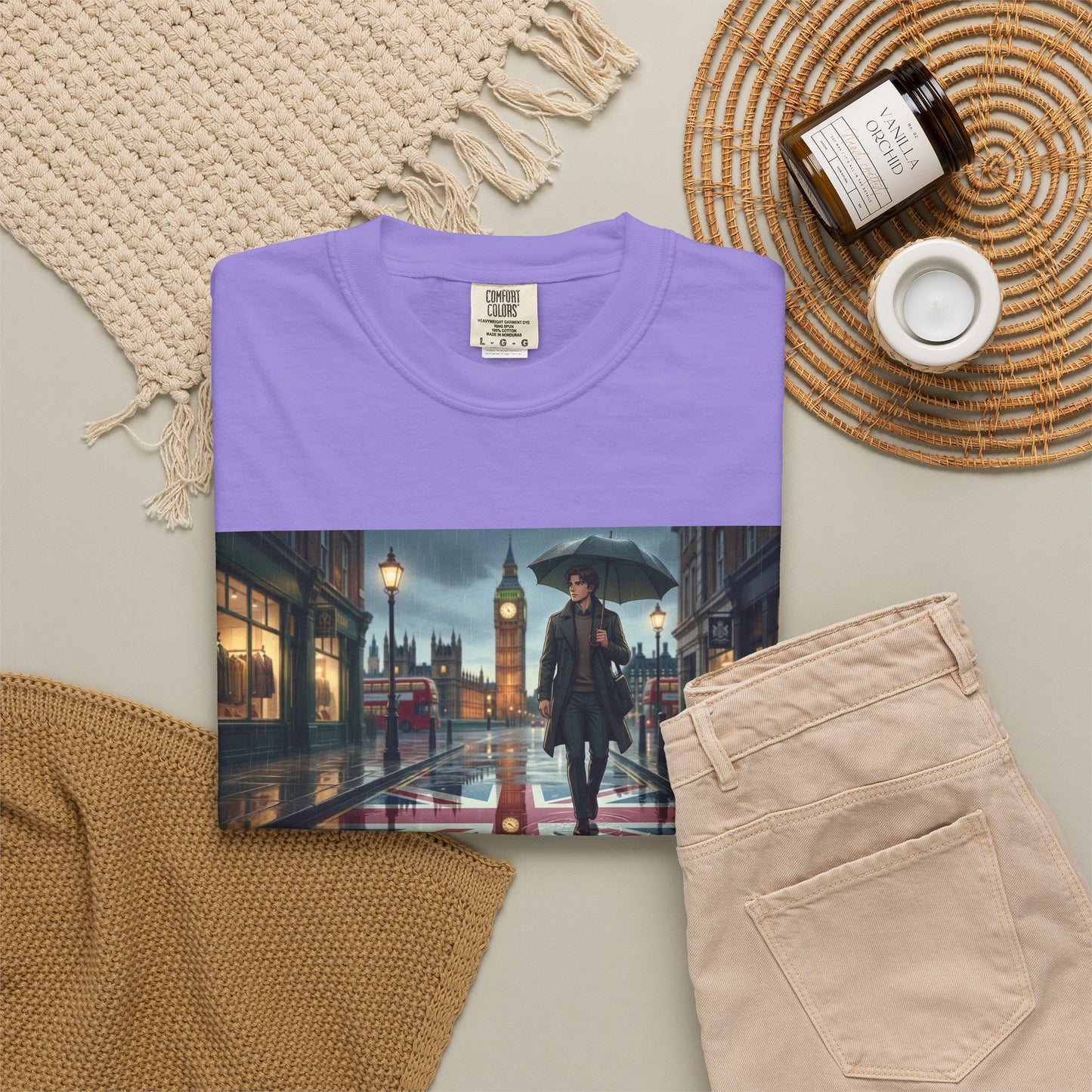 T-Shirt — Rainy London Street Scene Graphic Tee (Big Ben, Umbrella, Night Cityscape)