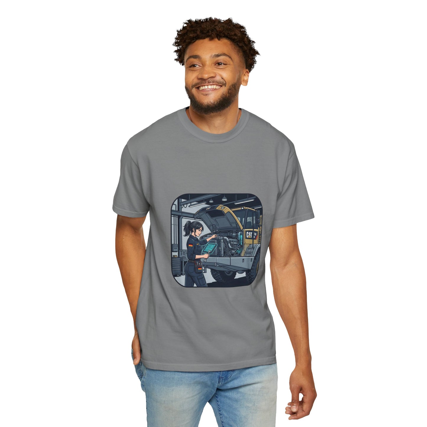Mechanic Garage Scene T-Shirt — Vintage Truck Repair Illustration