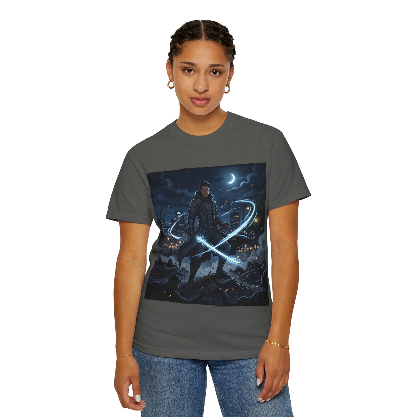 Urban Night Warrior T-Shirt — Neon Samurai Cityscape