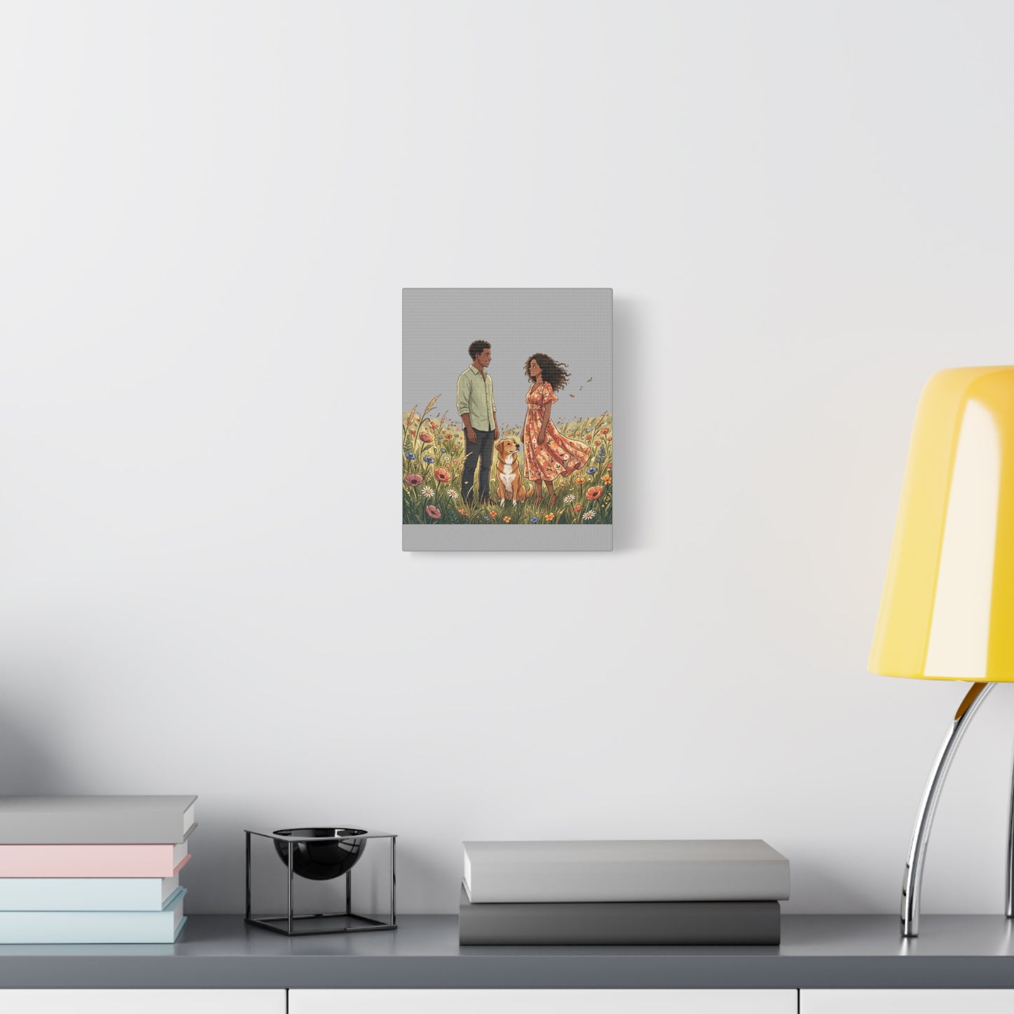 Romantic Couple in Wildflower Field Canvas Art — Black Love Wall Decor with Dog