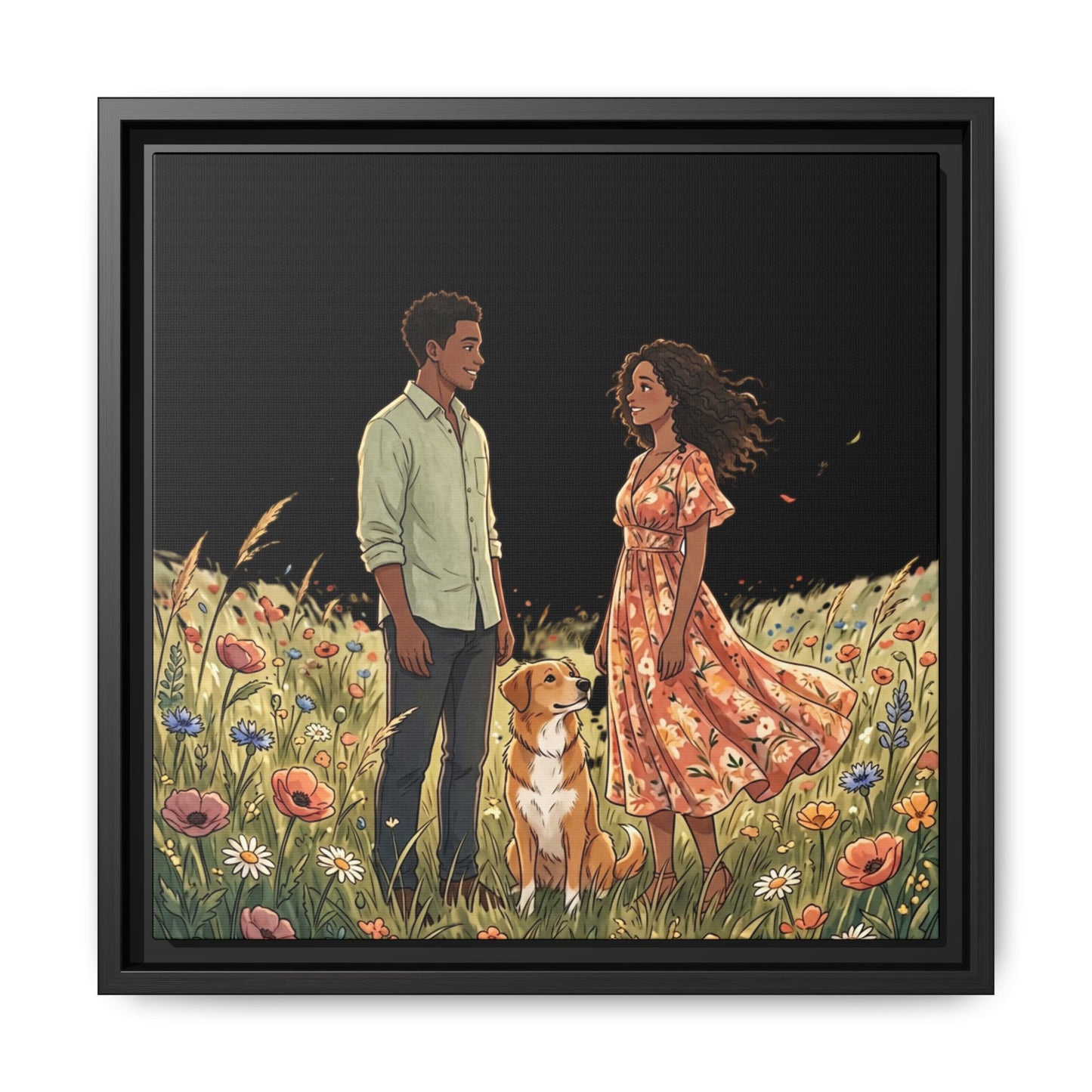 Framed Matte Canvas Print — Romantic Couple in Wildflower Field (Multi‑Color)