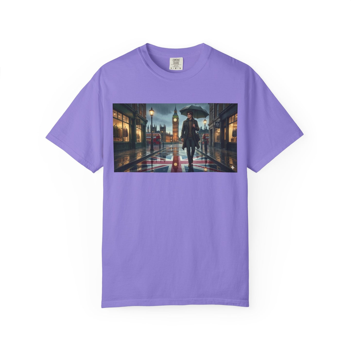 T-Shirt — Rainy London Street Scene Graphic Tee (Big Ben, Umbrella, Night Cityscape)
