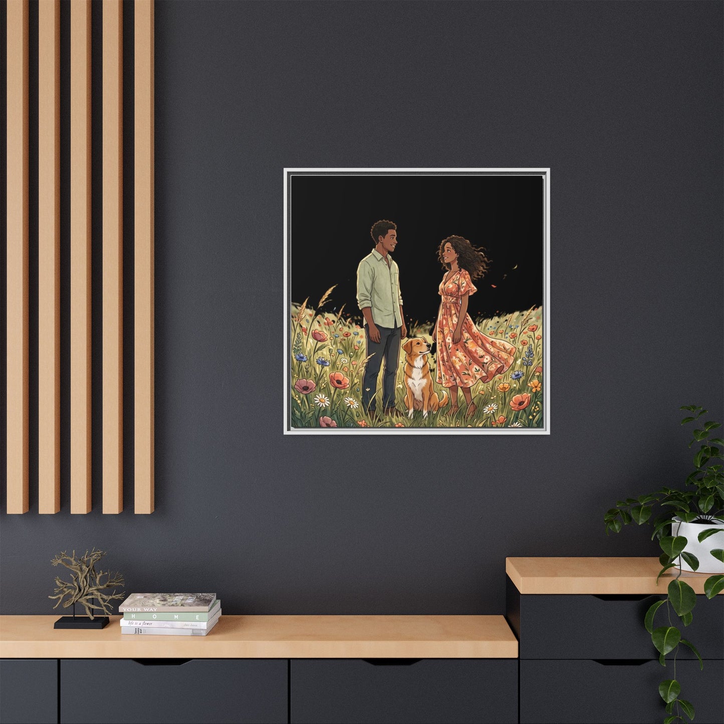 Framed Matte Canvas Print — Romantic Couple in Wildflower Field (Multi‑Color)