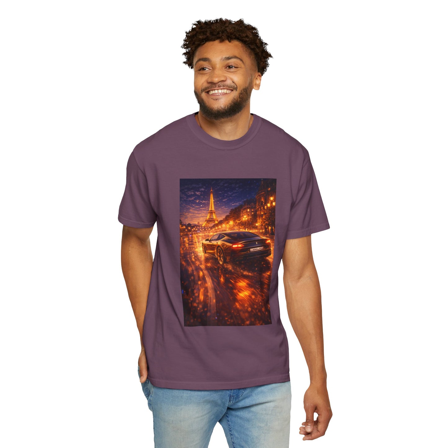 Paris Night Drive T-Shirt — Sports Car in Rainy Cityscape