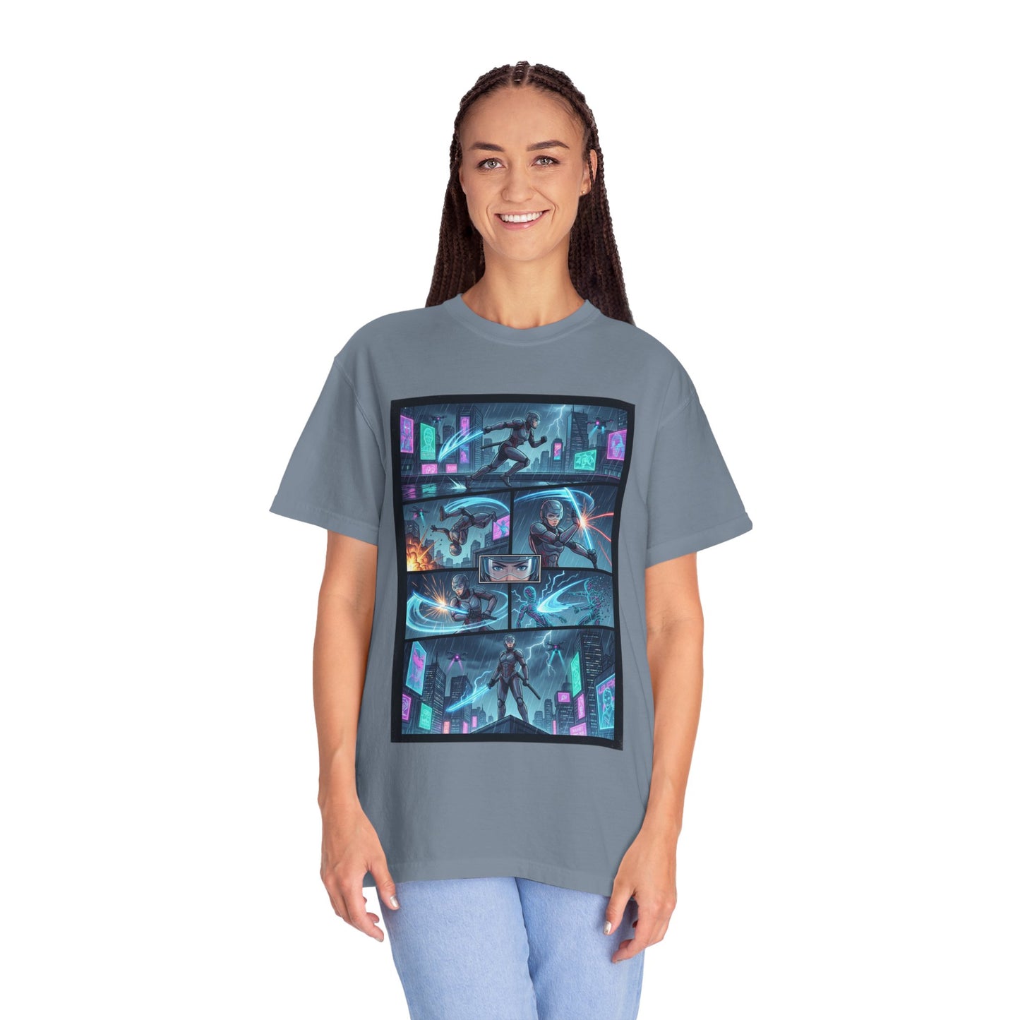 Cyberpunk Girl Samurai T-Shirt — Neon Manga Panel Graphic Tee