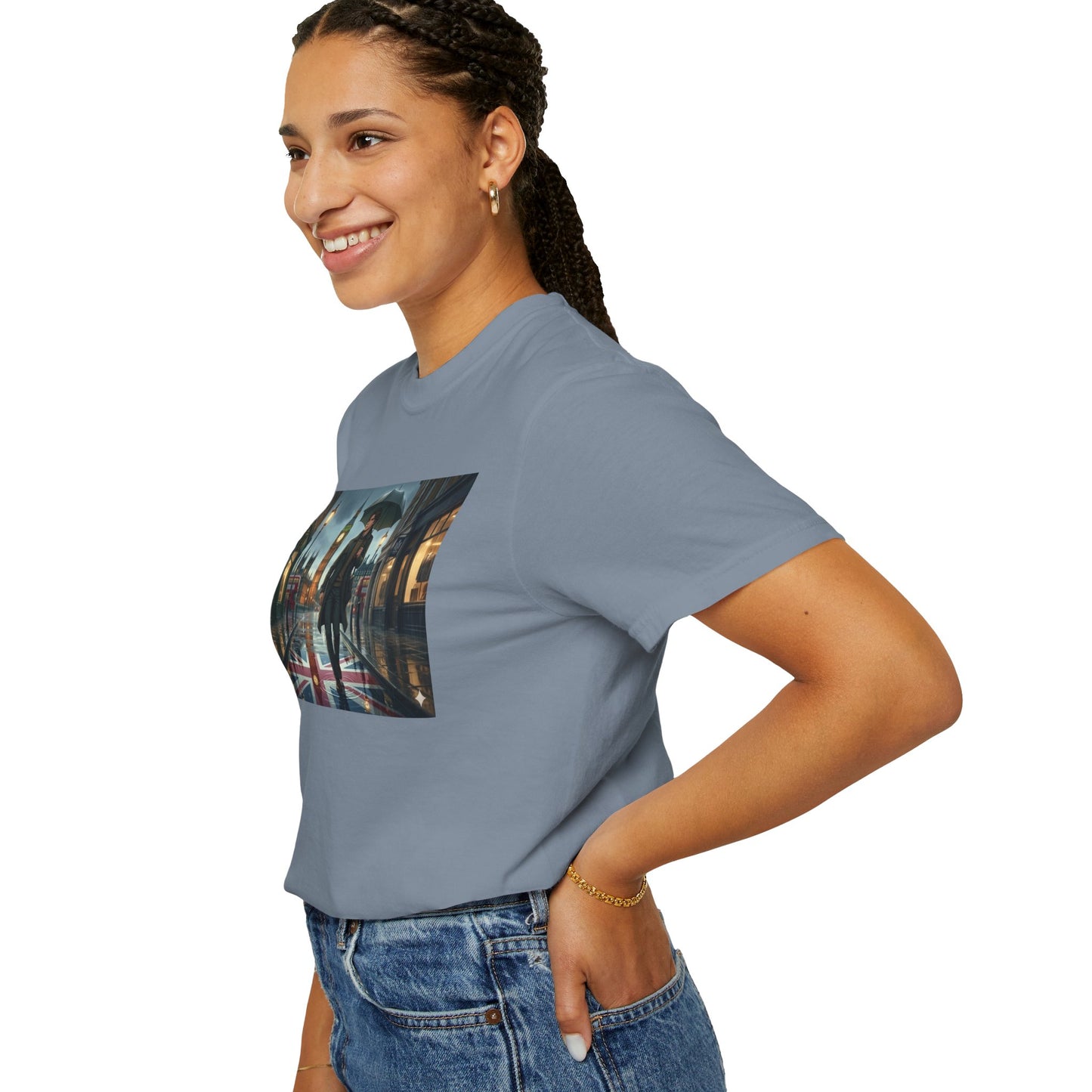 T-Shirt — Rainy London Street Scene Graphic Tee (Big Ben, Umbrella, Night Cityscape)