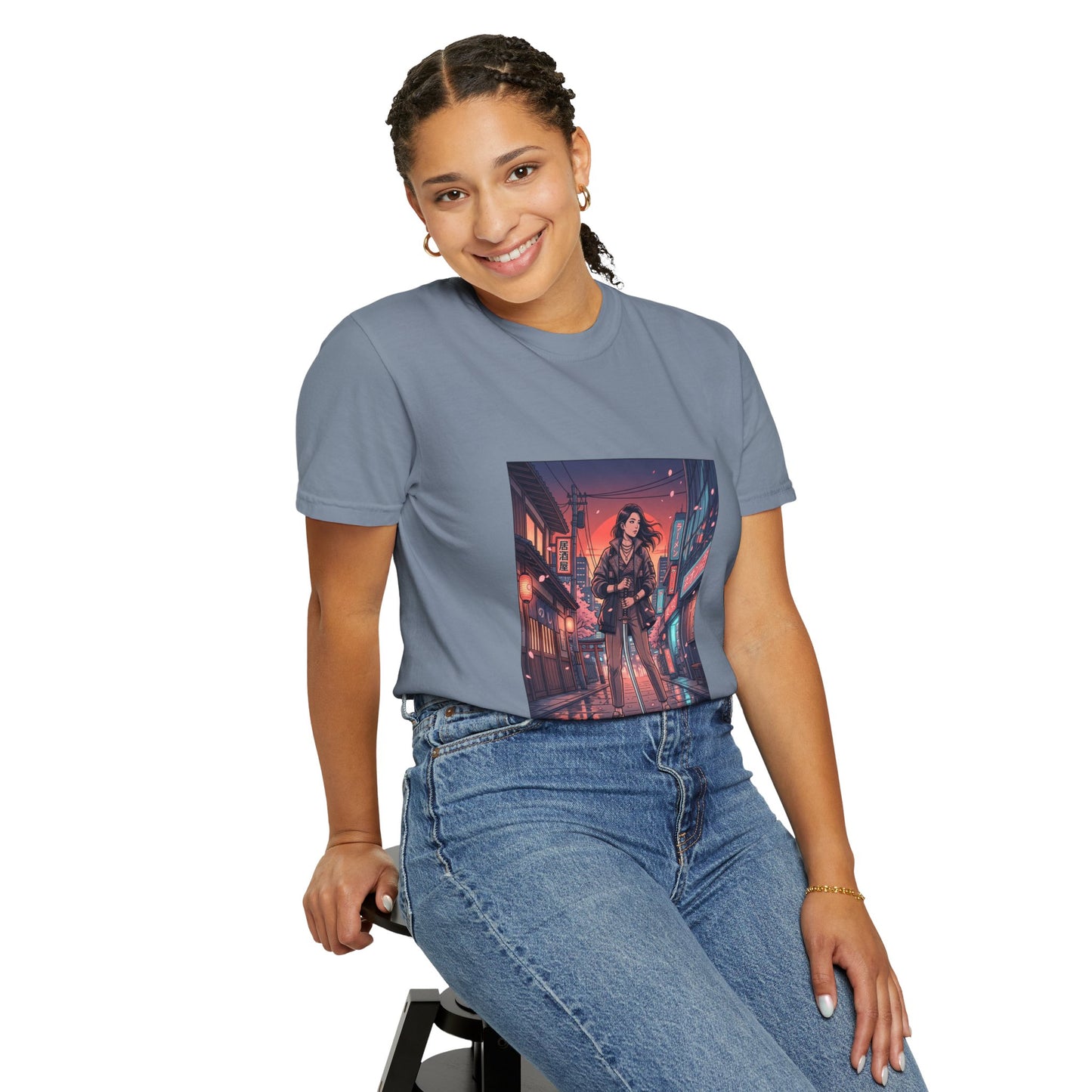 Cyberpunk Night Streets T‑Shirt — Neon Samurai Girl Graphic Tee