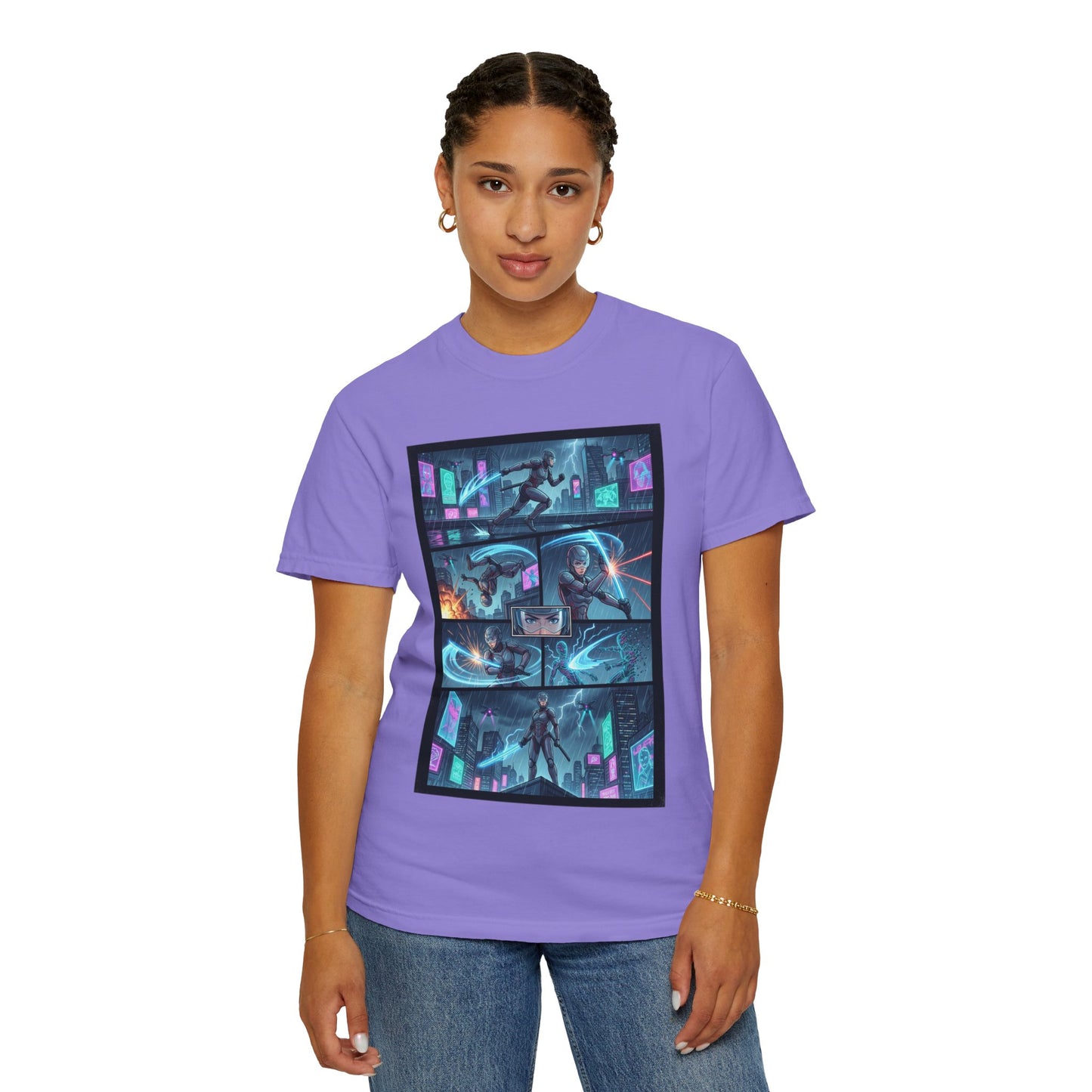 Cyberpunk Girl Samurai T-Shirt — Neon Manga Panel Graphic Tee