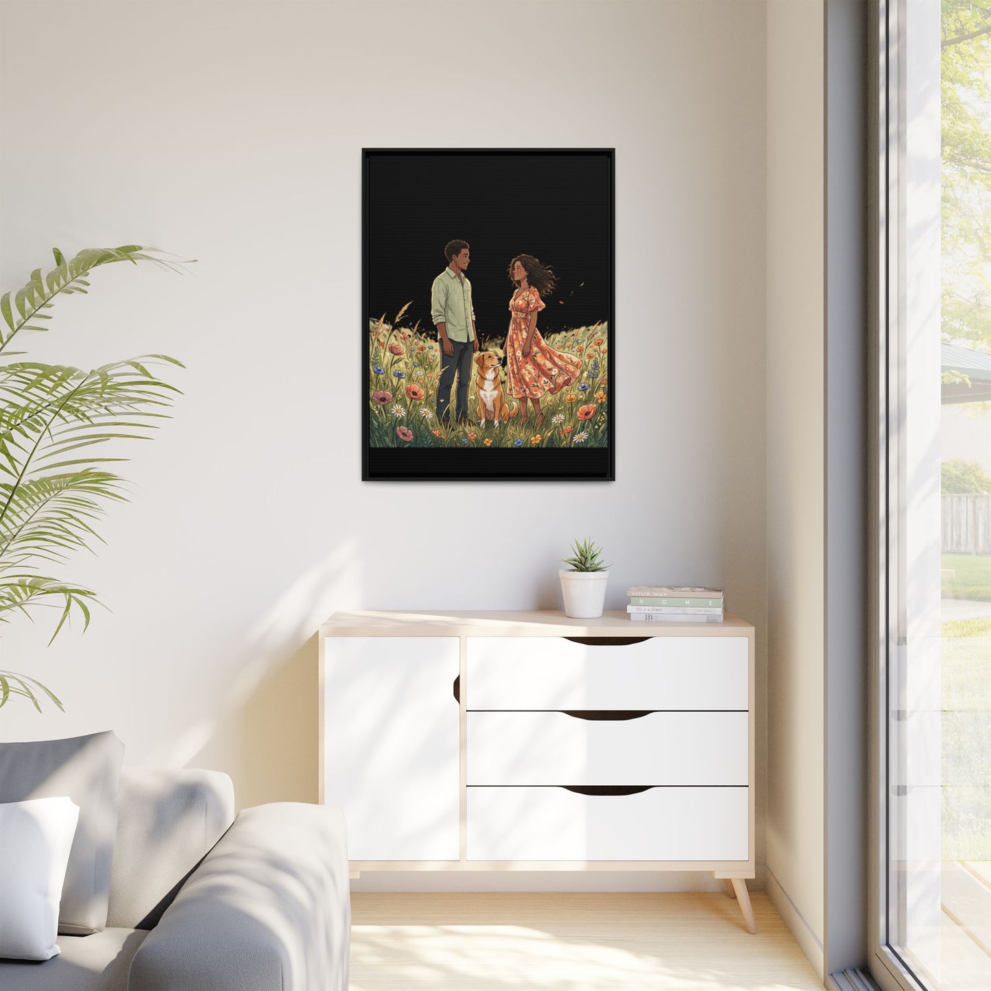 Framed Matte Canvas Print — Romantic Couple in Wildflower Field (Multi‑Color)