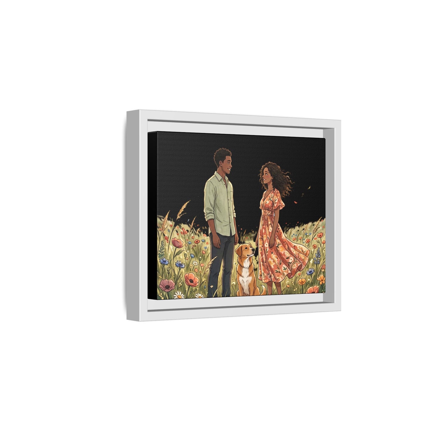 Framed Matte Canvas Print — Romantic Couple in Wildflower Field (Multi‑Color)