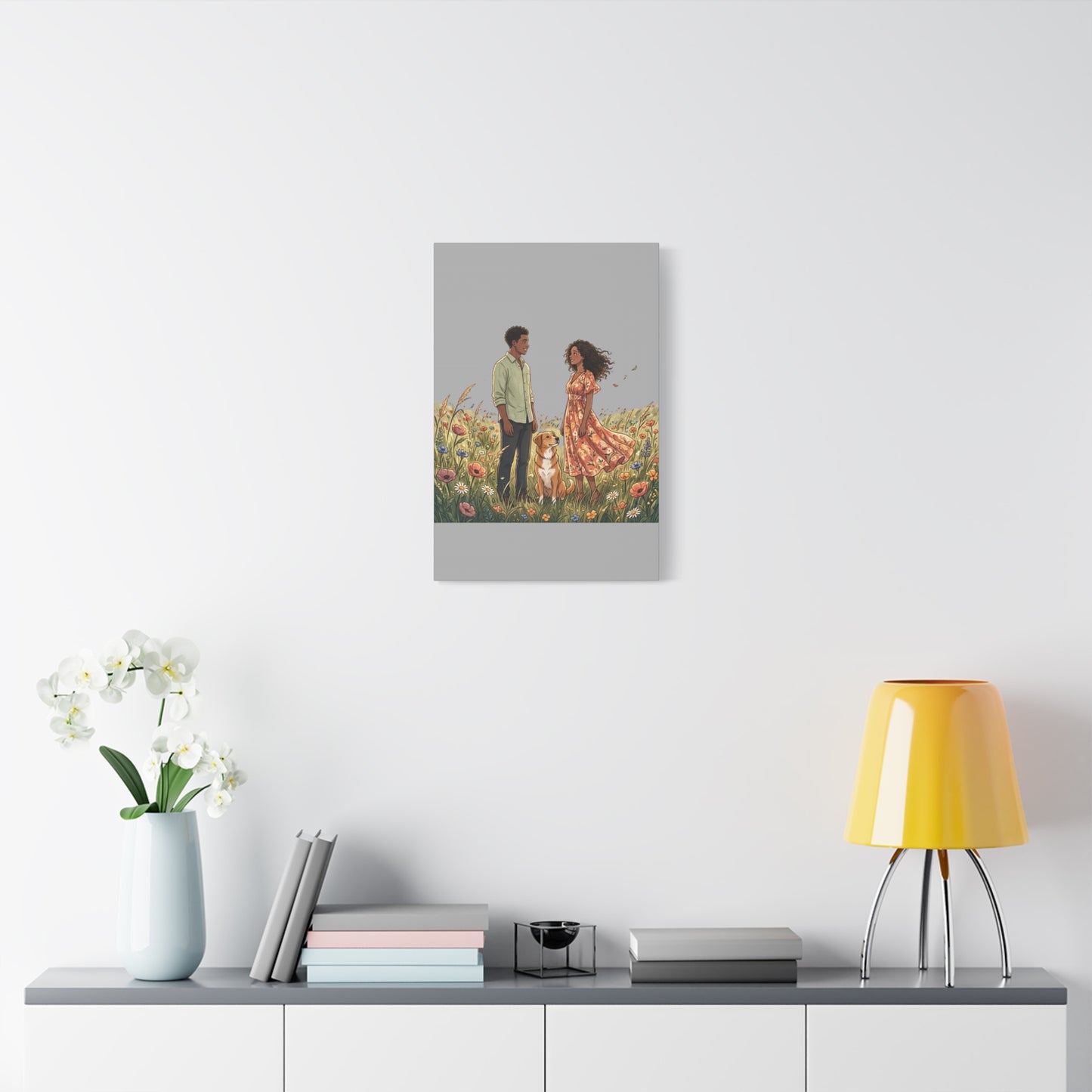 Romantic Couple in Wildflower Field Canvas Art — Black Love Wall Decor with Dog