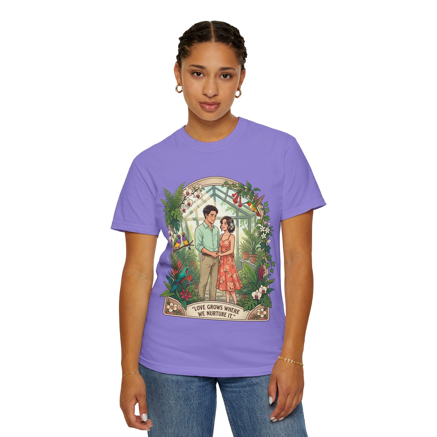 Romantic Greenhouse Couples T-Shirt — “Love Grows Where We Nurture It”