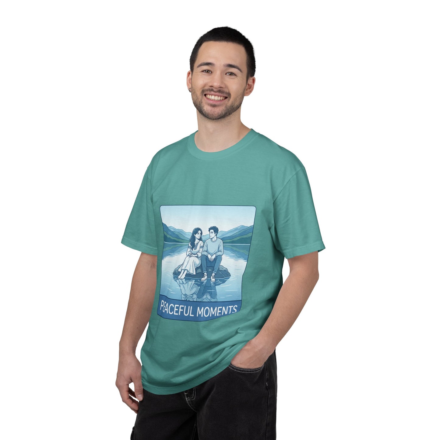 Peaceful Moments Tee — Couple Sitting by Lake Graphic T-Shirt