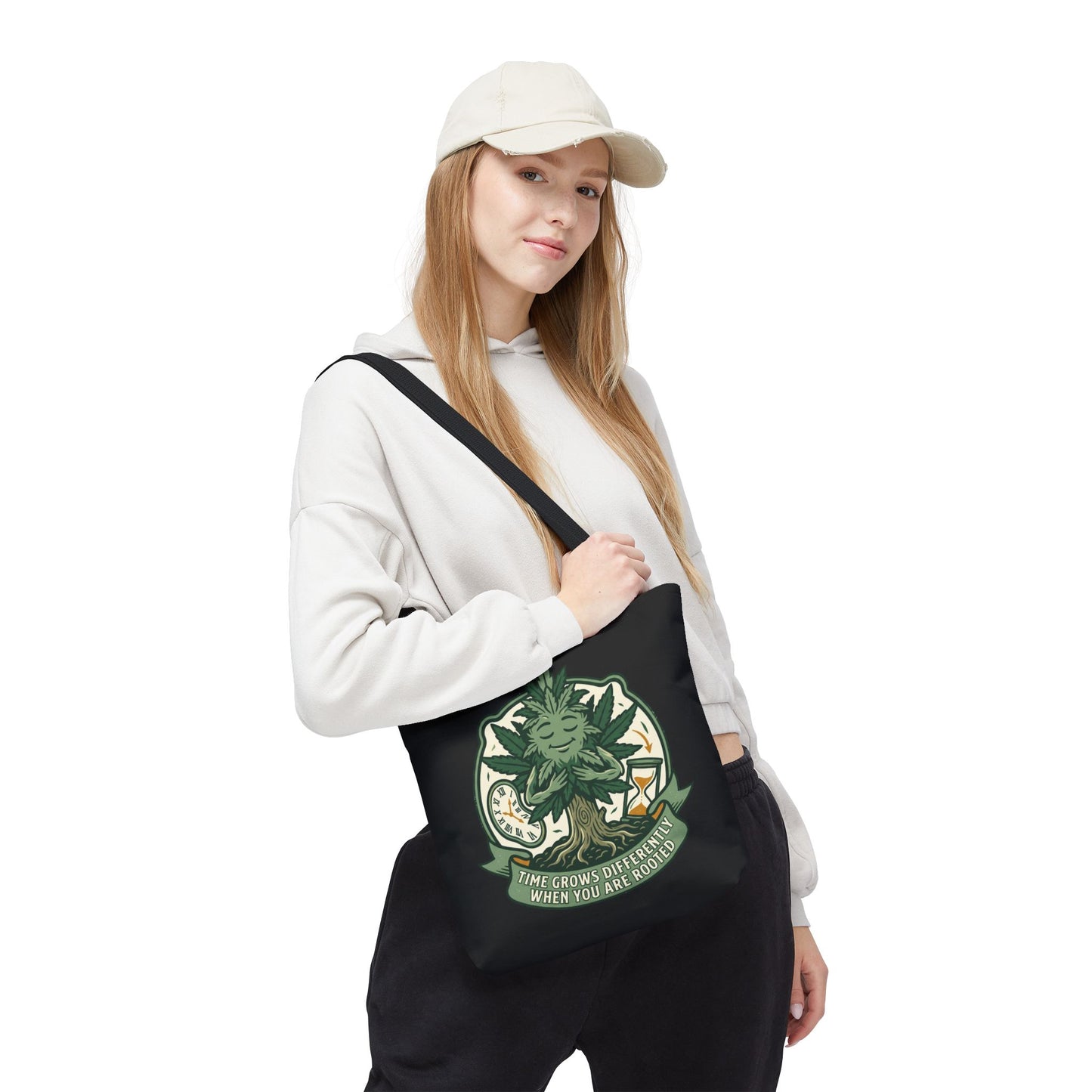 Rooted Tree Spirit Tote Bag — “Time Grows Different When You Are Rooted” Eco Tote