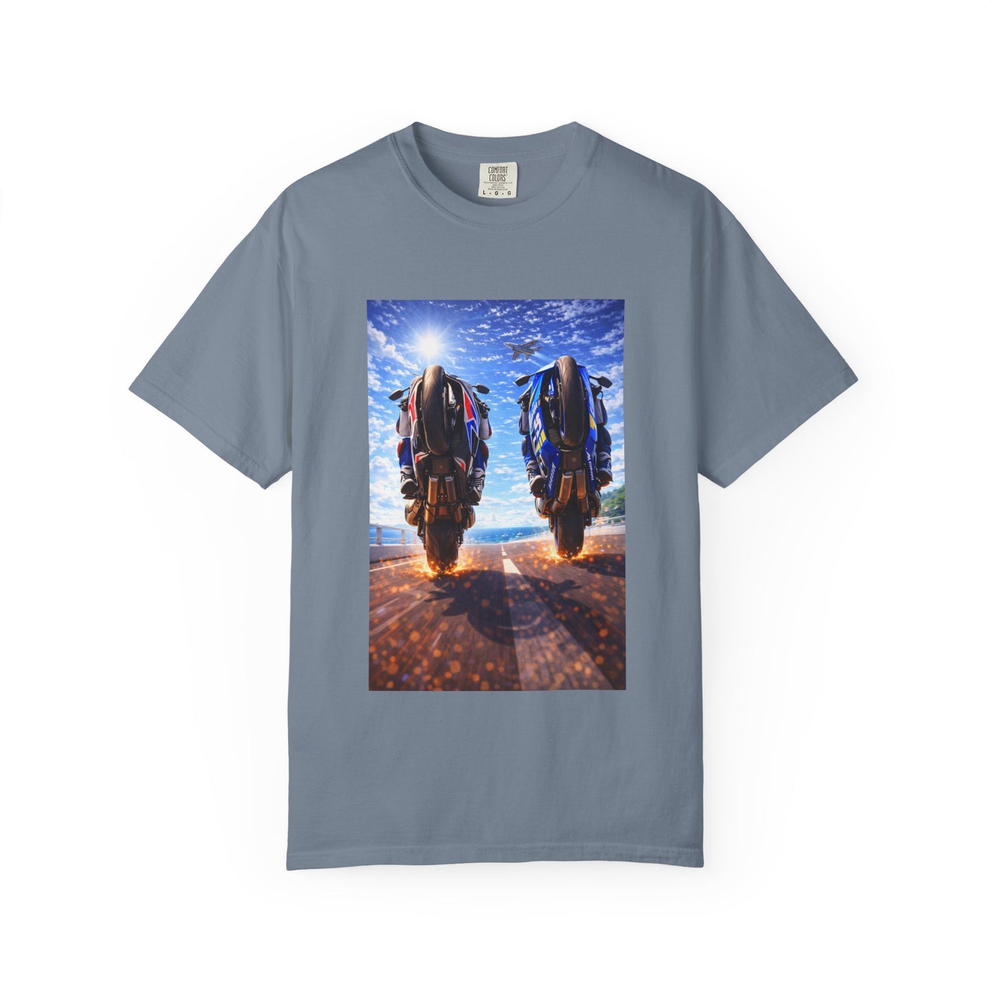 Motorcycle Sunset T-Shirt — Two Bikes Riding Into the Horizon
