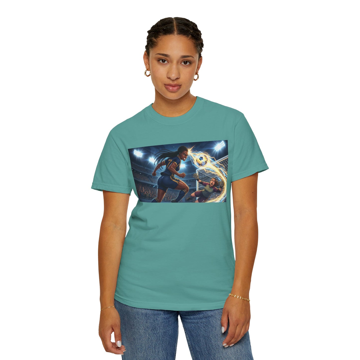 Soccer Duel Graphic T-Shirt — Futuristic Goalkeeper vs Striker Stadium Print