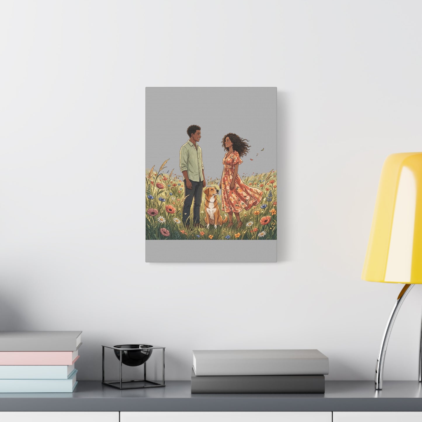 Romantic Couple in Wildflower Field Canvas Art — Black Love Wall Decor with Dog