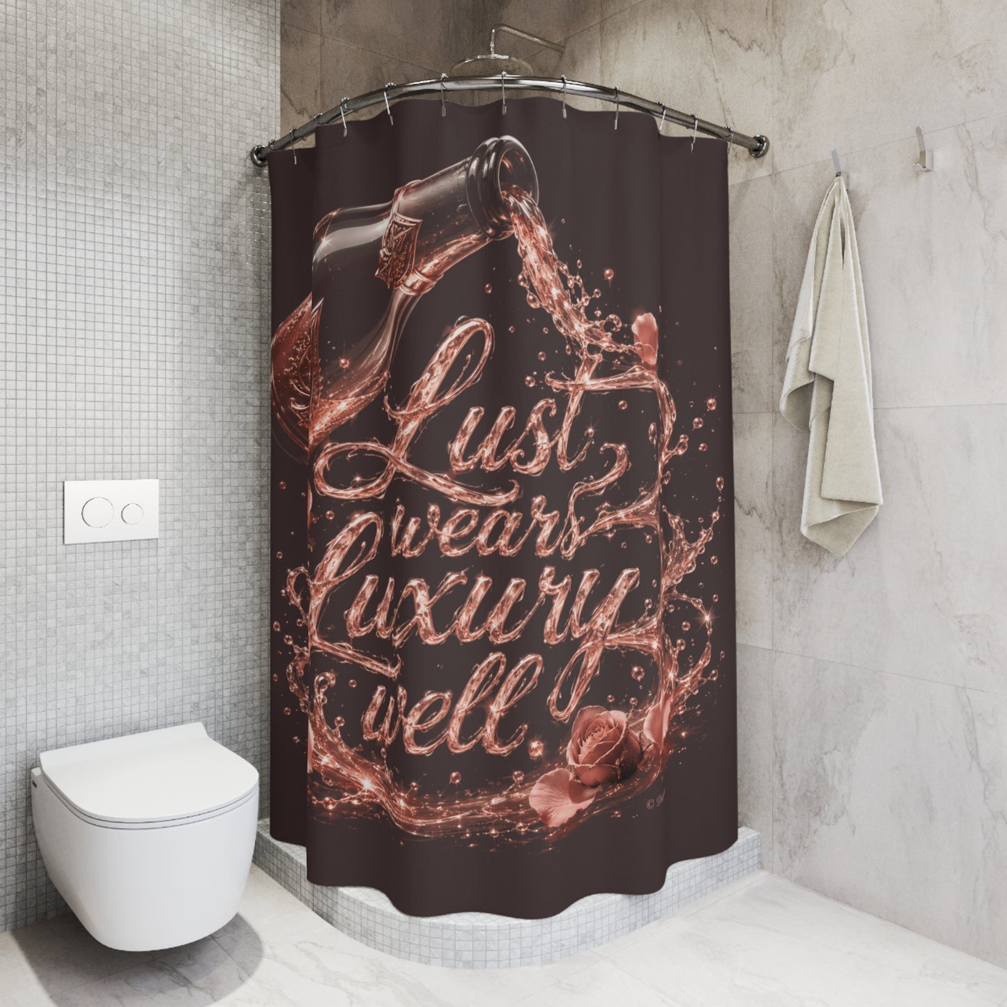 Lust Wears Luxury Well Shower Curtain – Luxe Rose Gold Script Bathroom Decor
