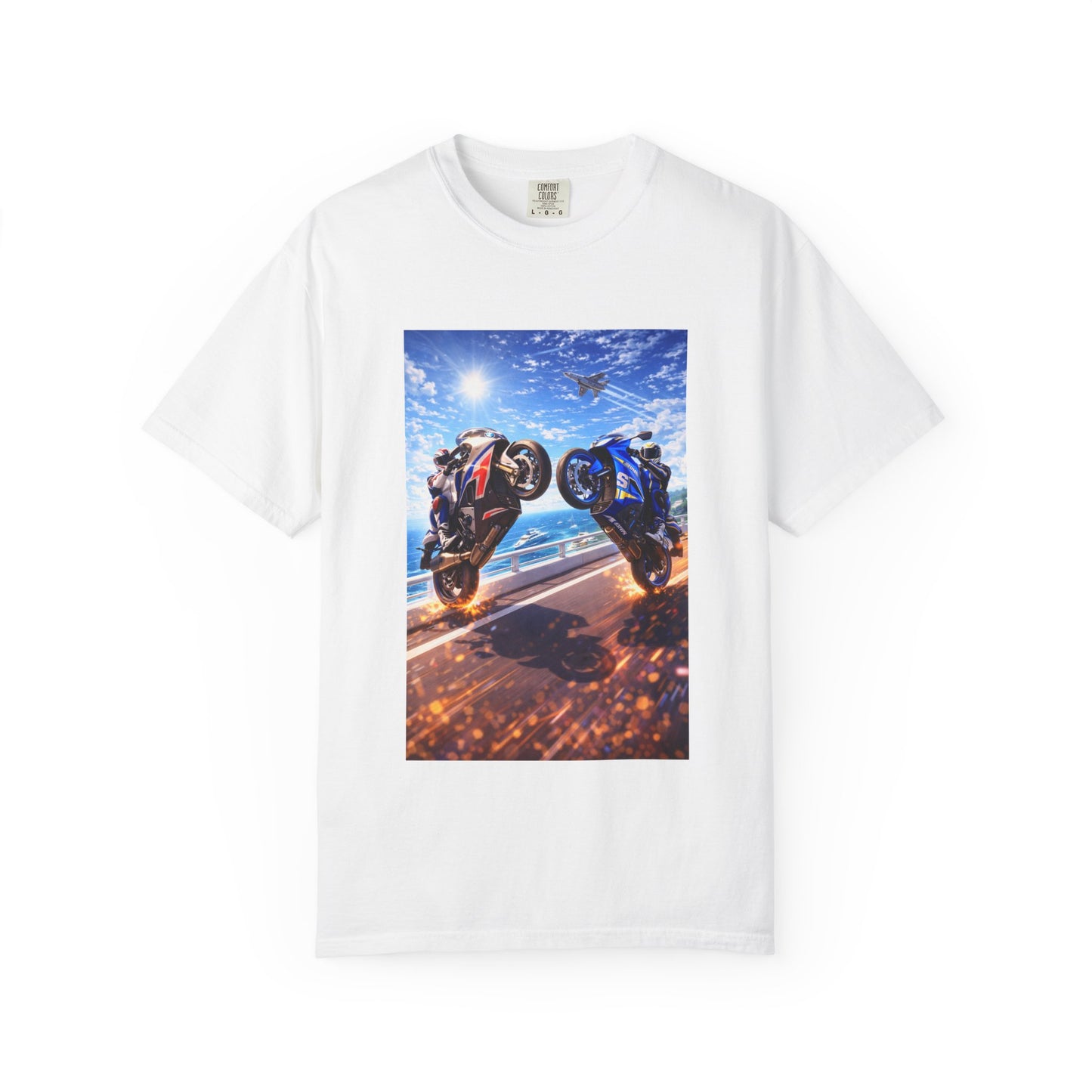 Stunt Riders Motorcycle T-Shirt — Two Bike Wheelie Racing Graphic Tee