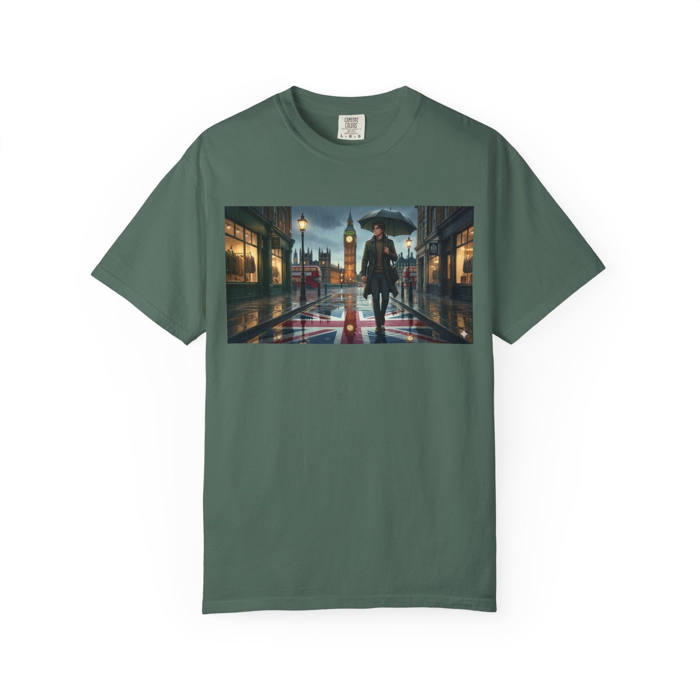 T-Shirt — Rainy London Street Scene Graphic Tee (Big Ben, Umbrella, Night Cityscape)