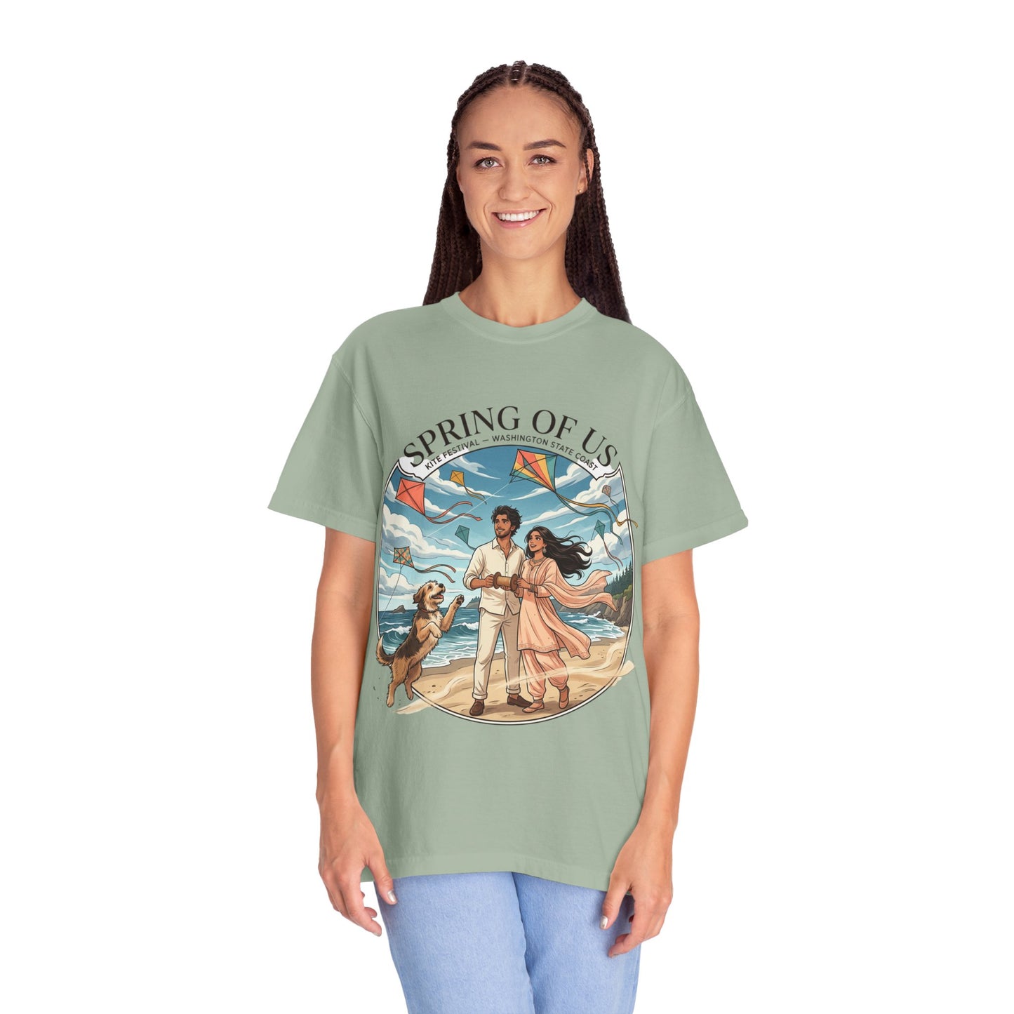 Spring of Us T-Shirt — Romantic Beach Couple Illustration with Dog