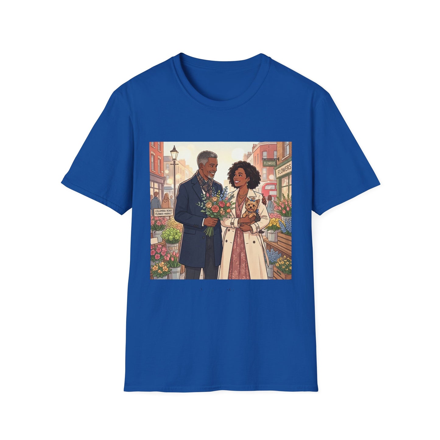 Romantic City Stroll T-Shirt — Couple Bouquet Illustration