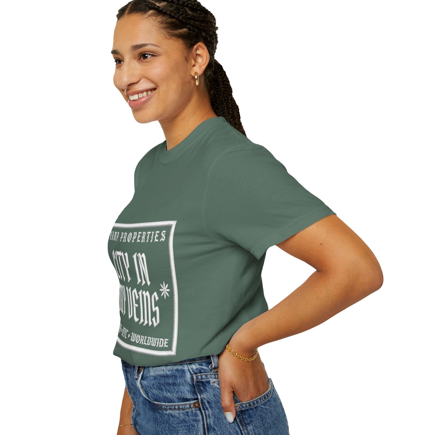 City In My Veins T‑Shirt — Vintage Cityscape Tee (Boston • NYC • Manchester)