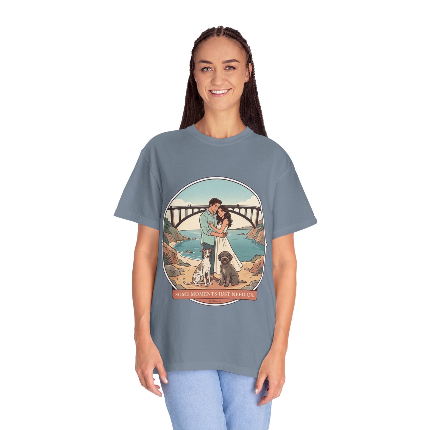 T-Shirt — Romantic Coastal Couples Tee “Some Moments Are Forever” with Dogs