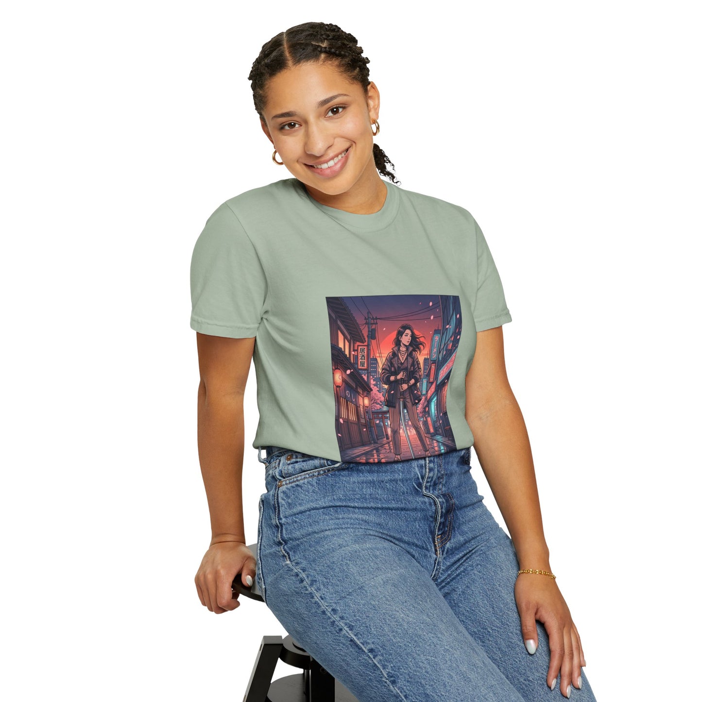 Cyberpunk Night Streets T‑Shirt — Neon Samurai Girl Graphic Tee