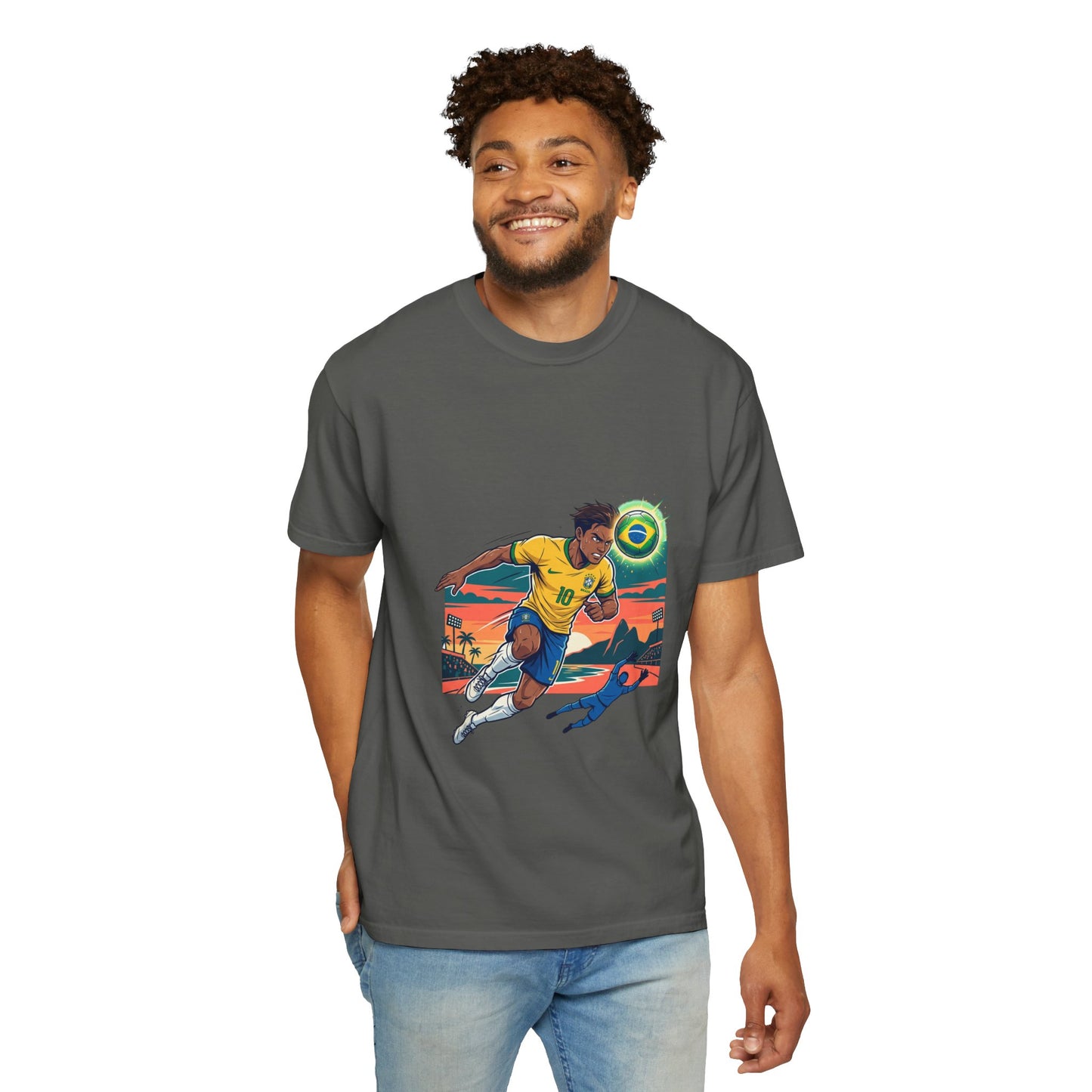 Brazil Soccer Player Graphic T-Shirt — Retro Sunset Football Tee