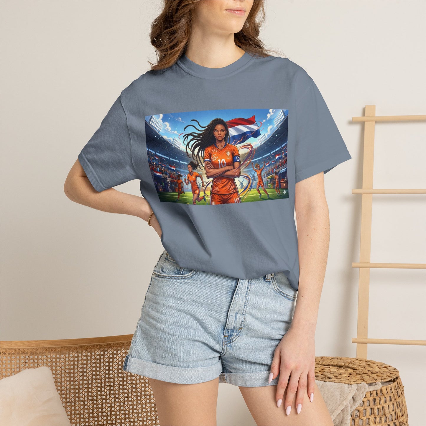Soccer Warrior T-Shirt — Netherlands Female Captain with Flag Stadium Graphic