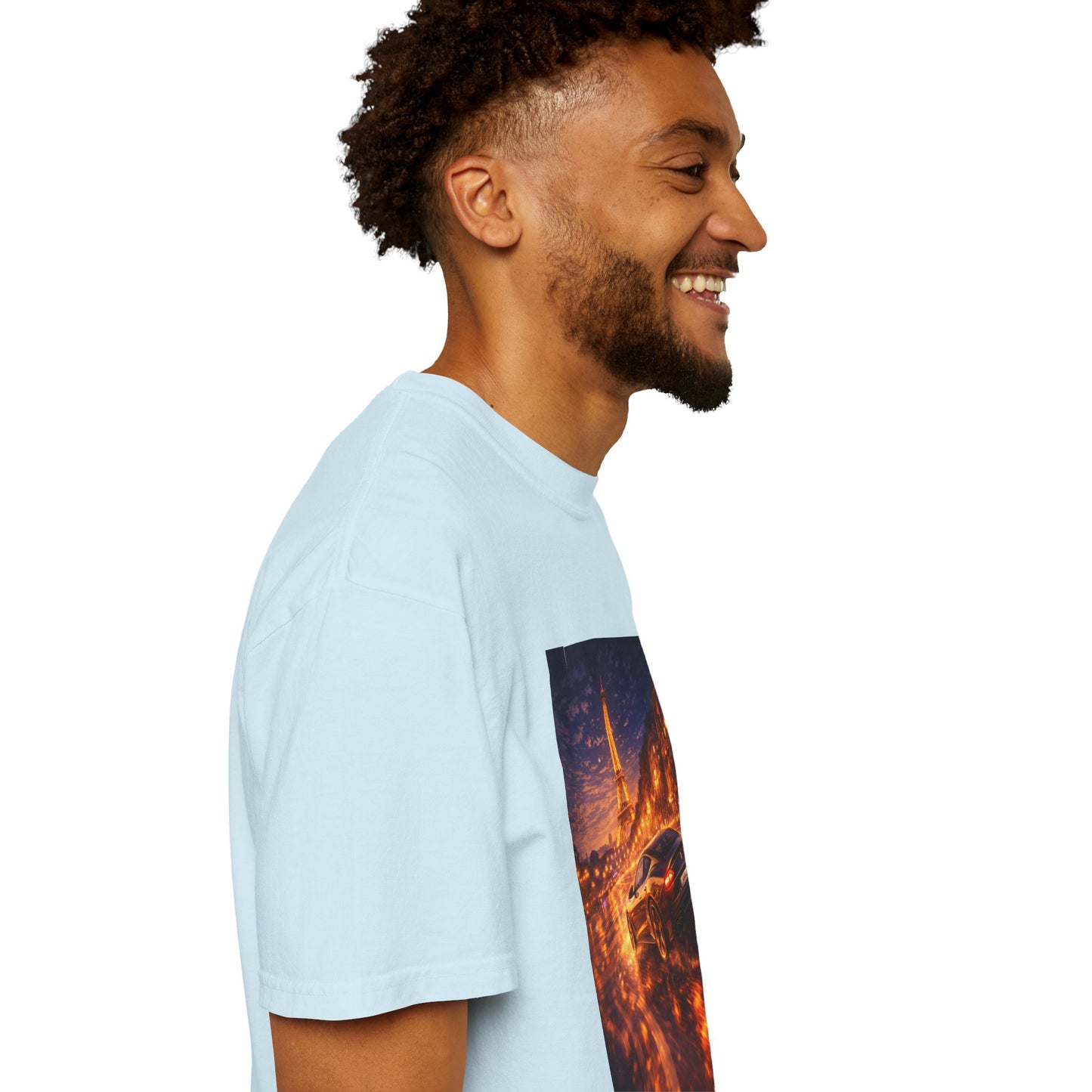 Paris Night Drive T-Shirt — Sports Car in Rainy Cityscape