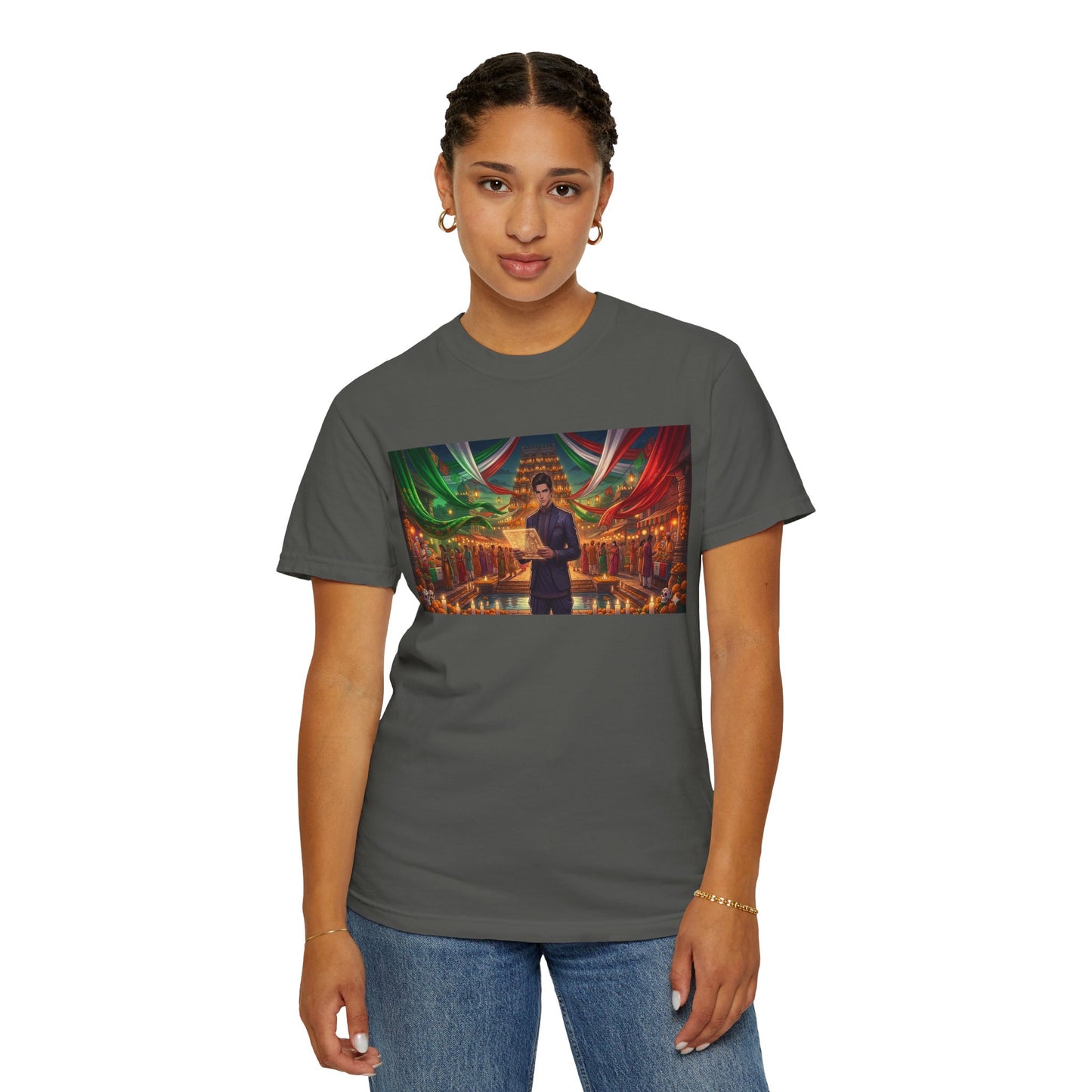 T-Shirt — Dragon Temple Night Scene Graphic Tee (Monk with Dragons)
