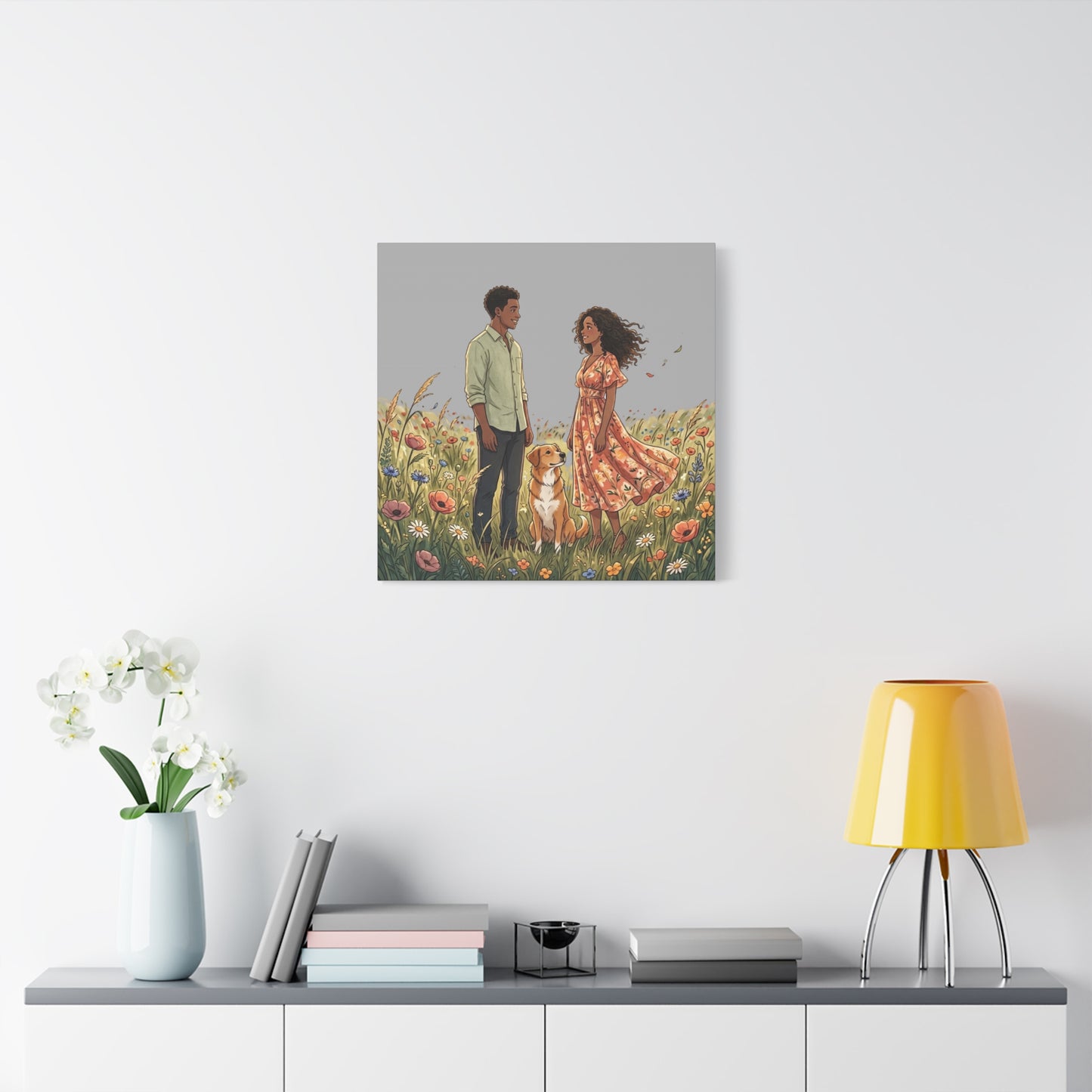 Romantic Couple in Wildflower Field Canvas Art — Black Love Wall Decor with Dog