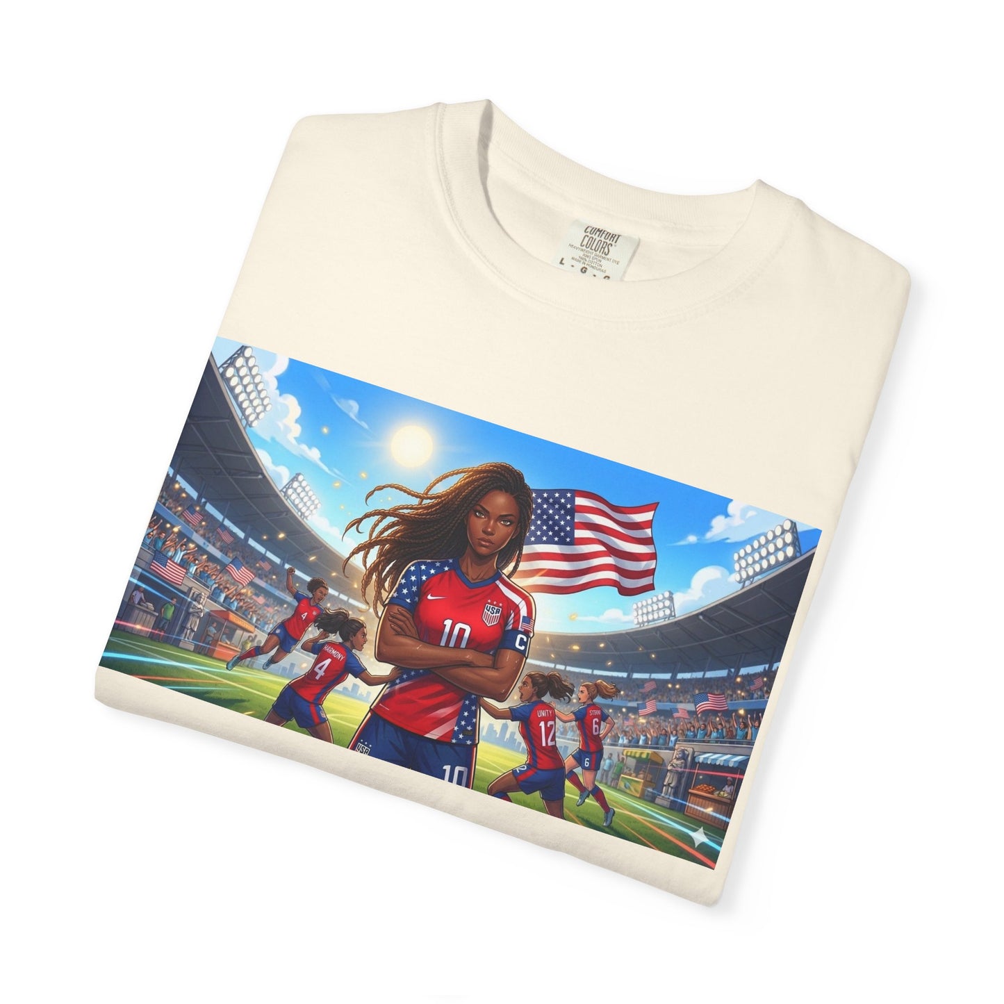 Soccer Mom USA T-Shirt — Female Soccer Player with American Flag Stadium Graphic