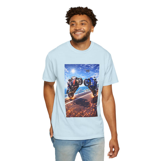 Stunt Riders Motorcycle T-Shirt — Two Bike Wheelie Racing Graphic Tee