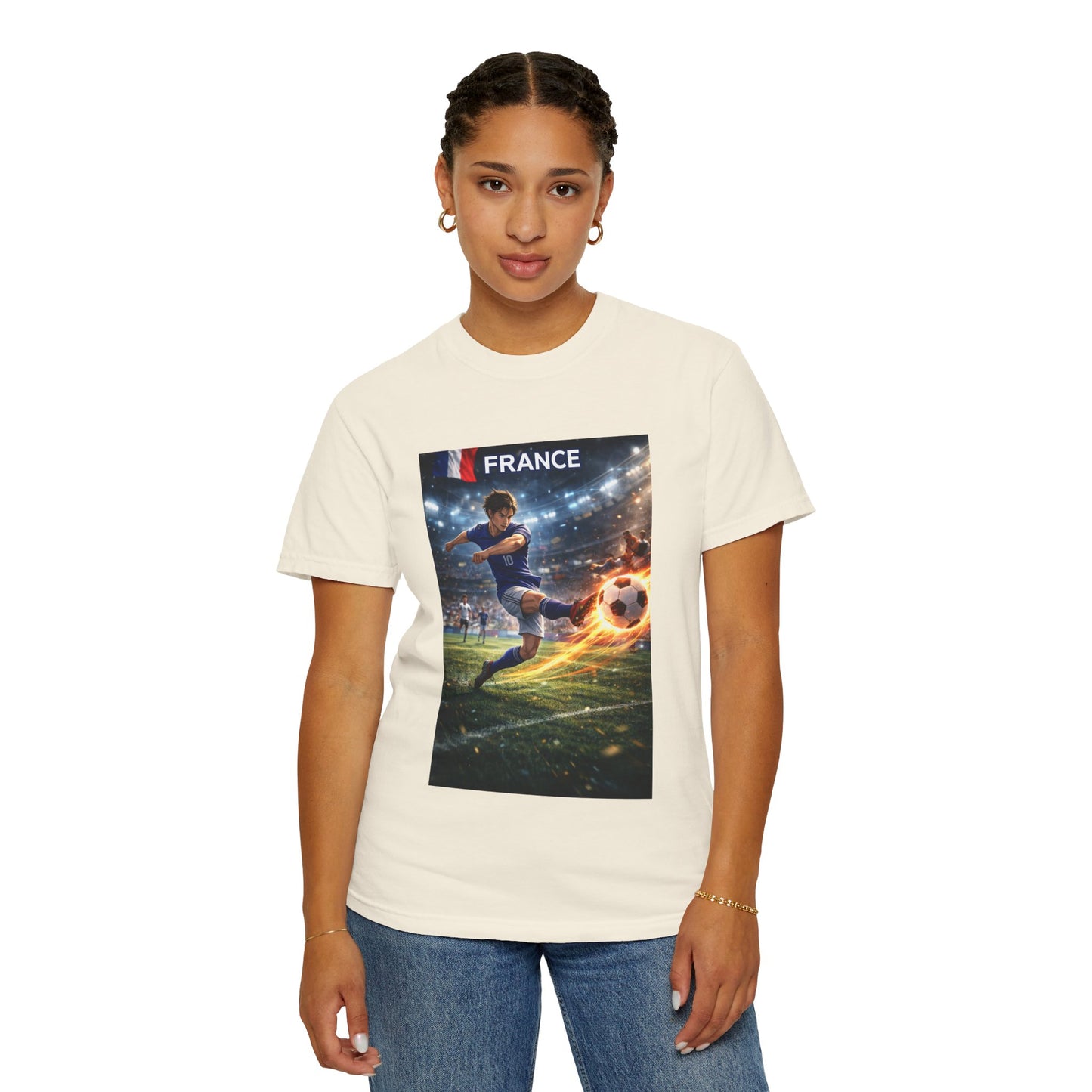 France Soccer Player Graphic T-Shirt — Football Kick Stadium Design