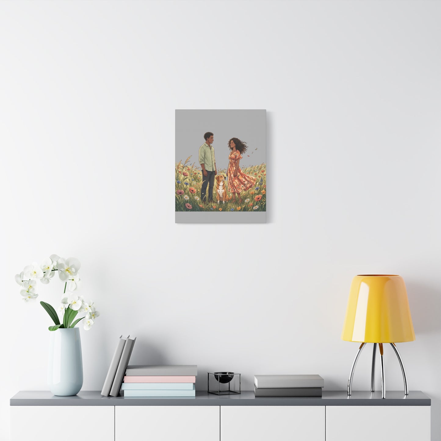 Romantic Couple in Wildflower Field Canvas Art — Black Love Wall Decor with Dog