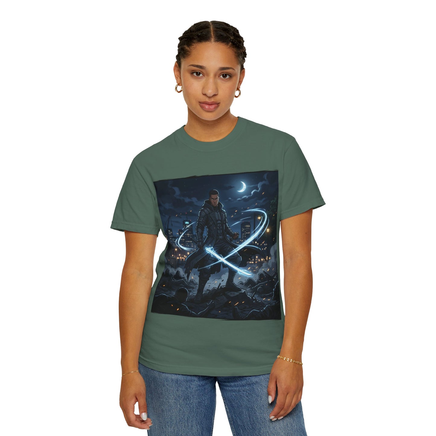 Urban Night Warrior T-Shirt — Neon Samurai Cityscape